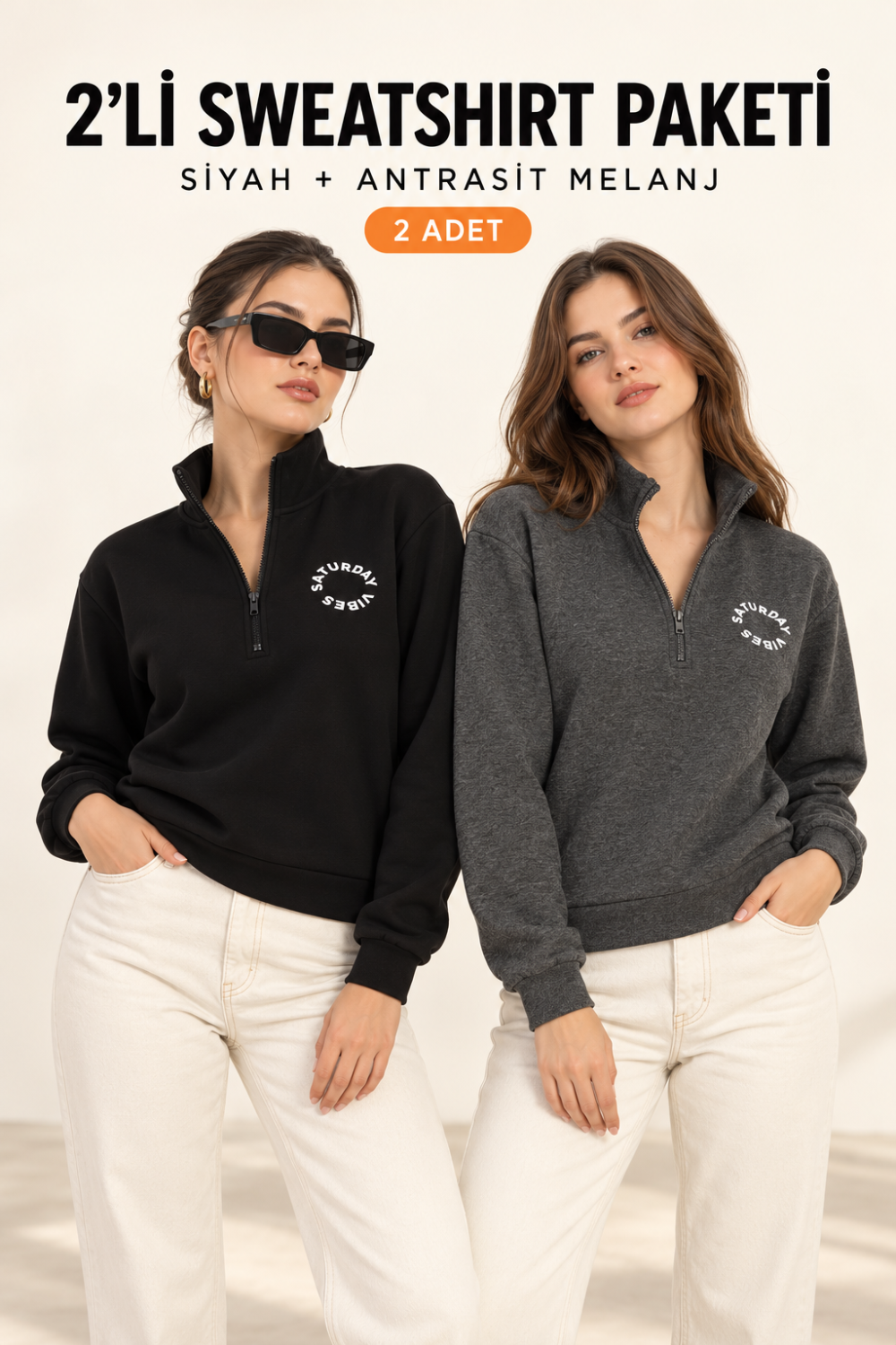 Kadın Yarım Fermuarlı Dik Yaka Baskılı Sweatshirt 2’li Paket Siyah/Antra