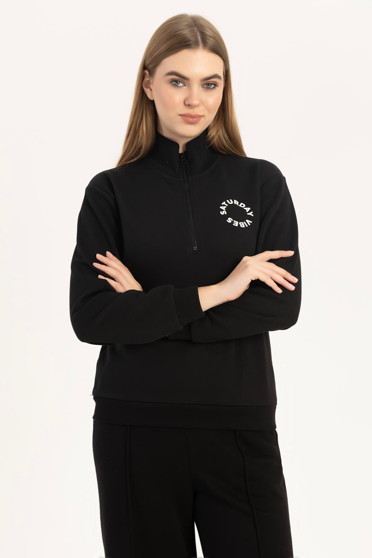Kadın Yarım Fermuarlı Dik Yaka Sweatshirt Siyah