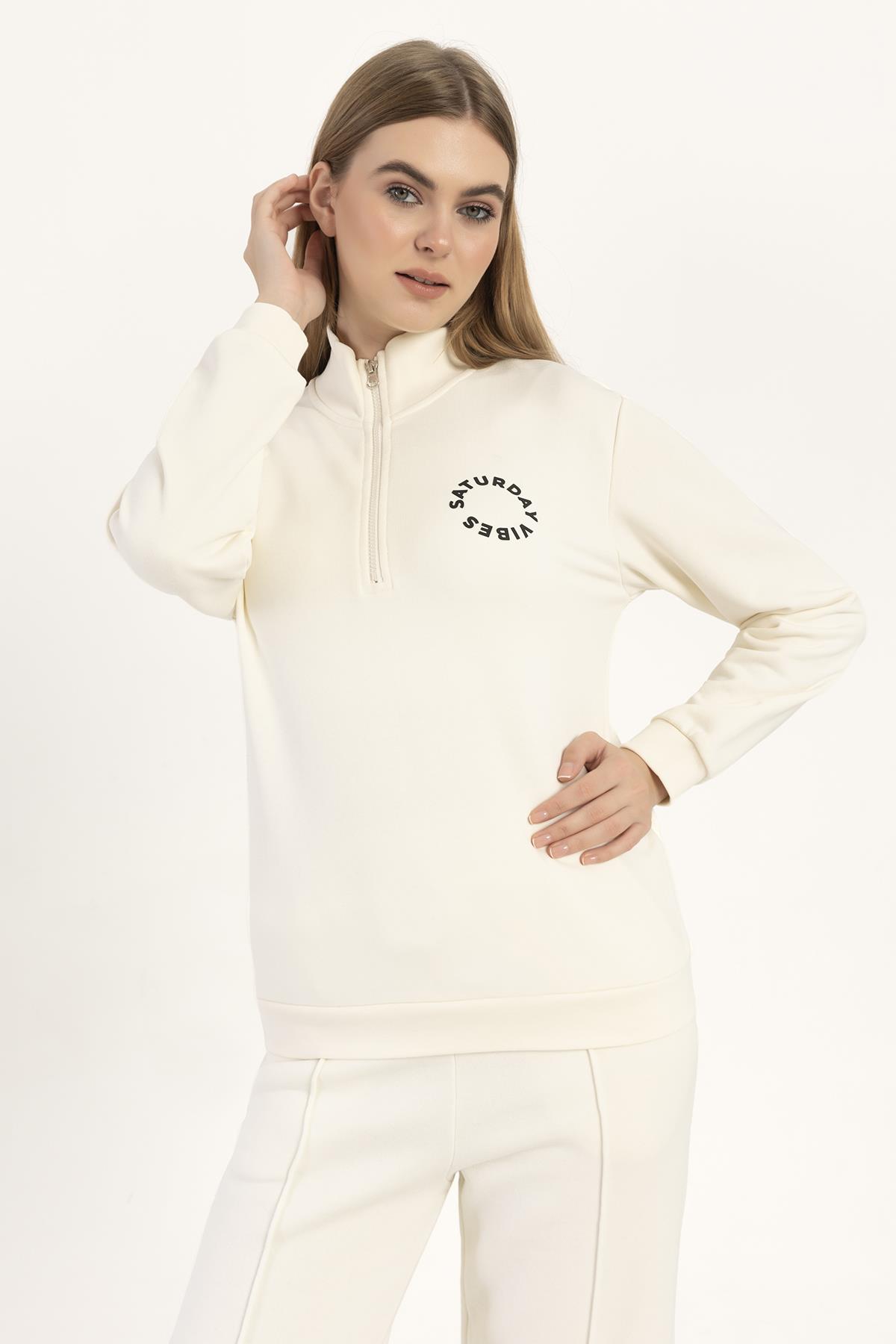 Kadın Yarım Fermuarlı Dik Yaka Sweatshirt Ekru