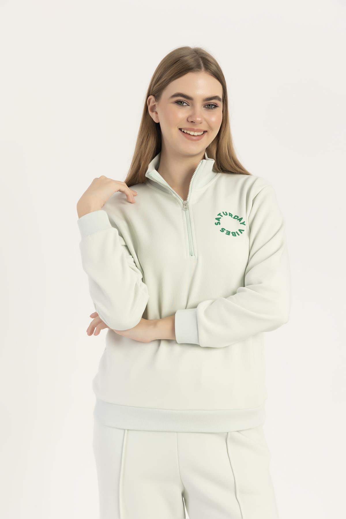 Kadın Yarım Fermuarlı Dik Yaka Sweatshirt Mint