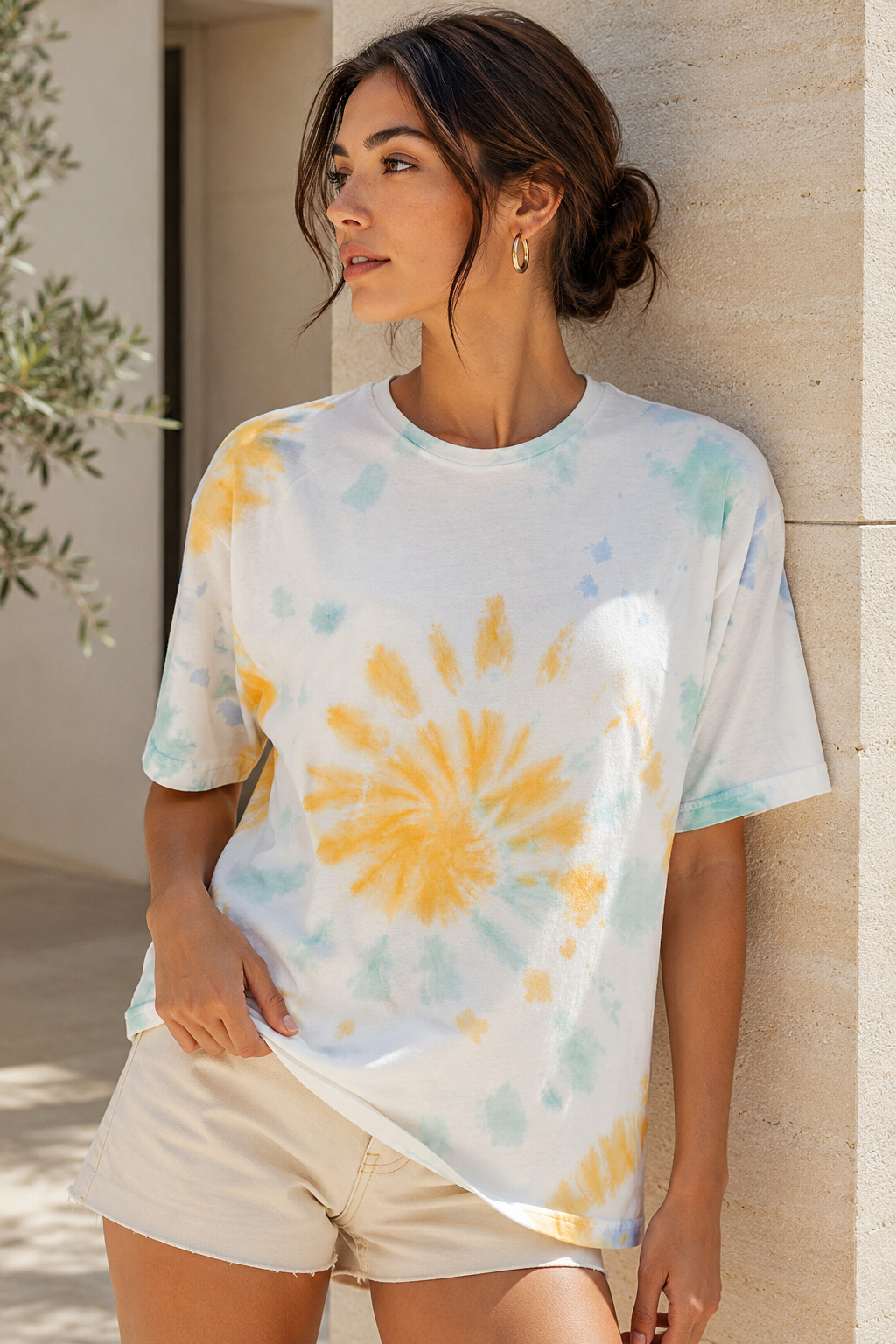 Kadın Yeşil Sarı Mavi Batik Desenli Oversize T-Shirt
