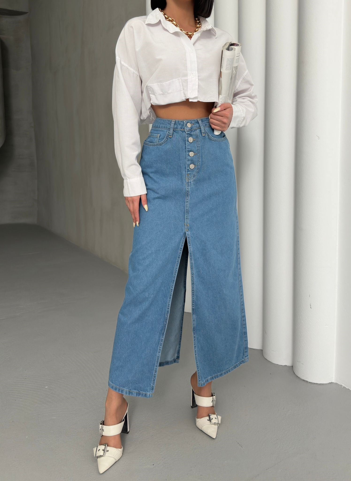 Kadın Yüksek Bel Düğmeli Yırtmaçlı Midi Jean Etek Açık Mavi