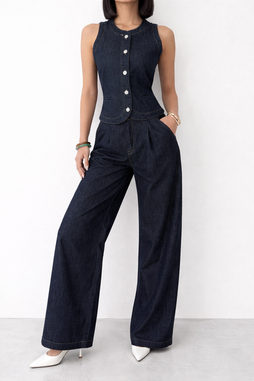 Kadın Yüksek Bel Geniş Paça Denim Pantolon & Düğmeli Yelek Takım