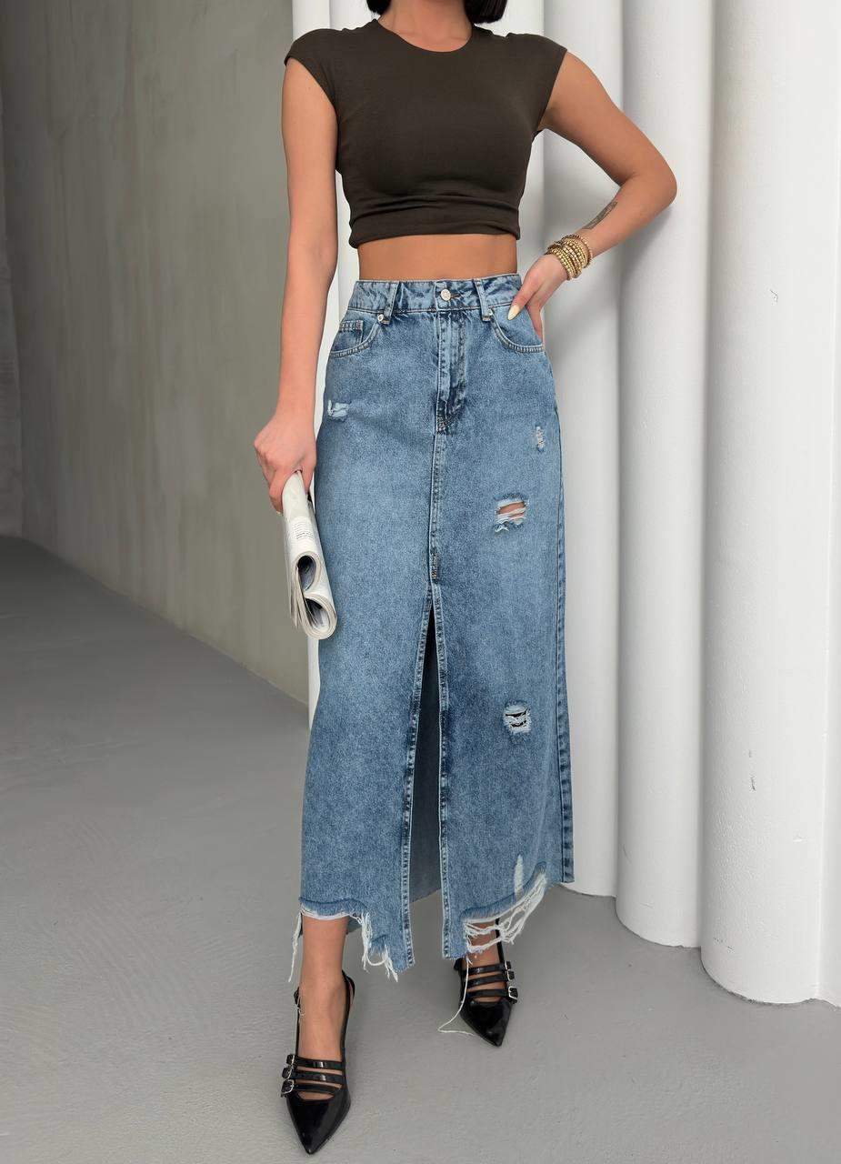 Kadın Yüksek Bel Yırtmaçlı Yırtık Detaylı Uzun Denim Etek