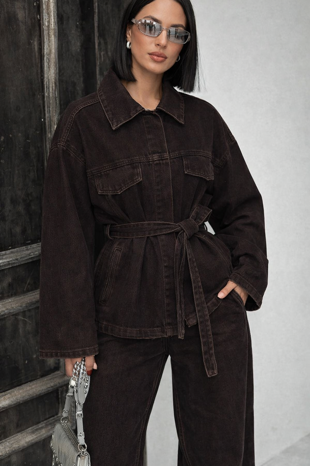 Kahve Bağlamalı Denim Takım Oversize Ceket ve Yüksek Bel Pantolon