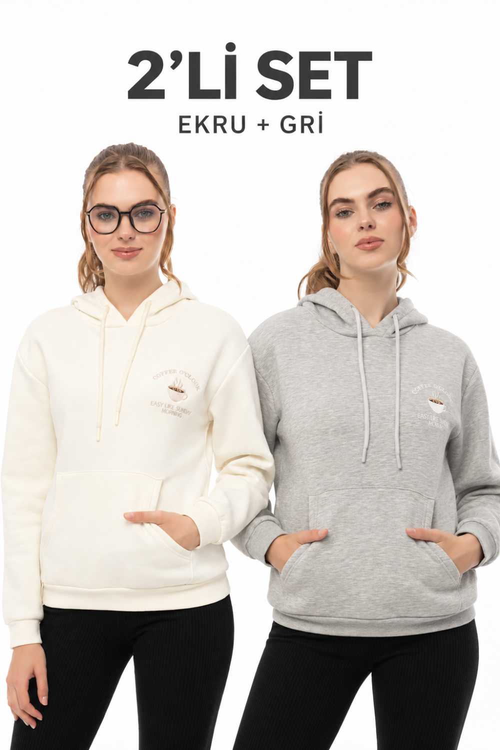 Kahve Molası 2’li Sweatshirt Seti – Ekru & Gri