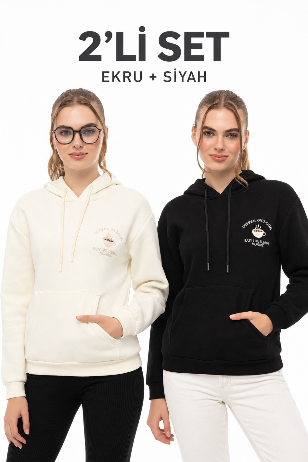 Kahve Molası 2’li Sweatshirt Seti – Ekru & Siyah