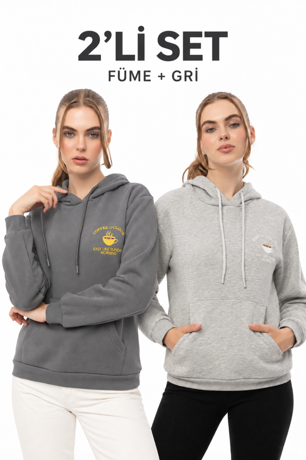 Kahve Molası 2’li Sweatshirt Seti – Gri & Füme