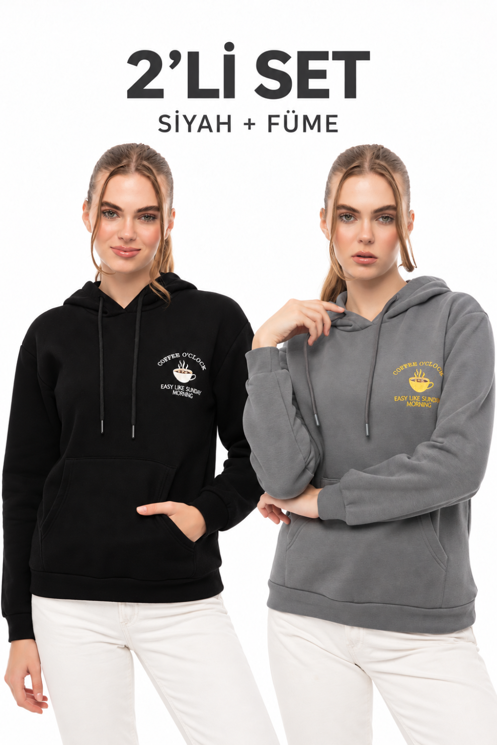 Kahve Molası 2’li Sweatshirt Seti – Siyah & Füme