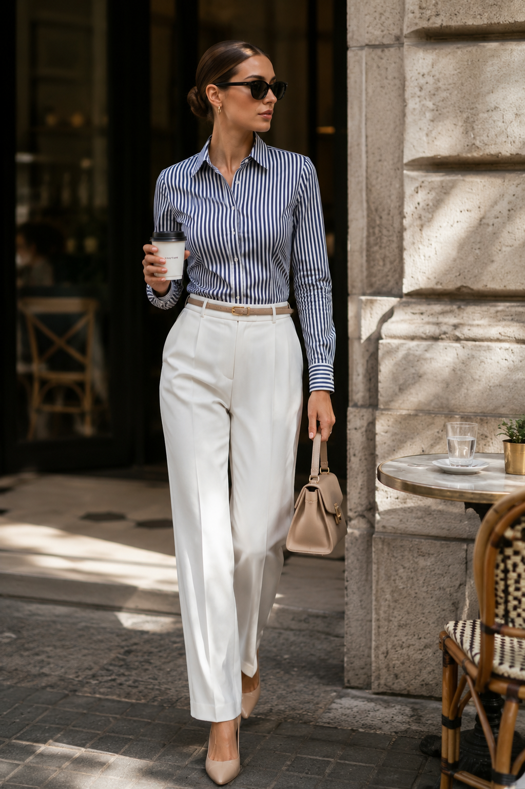Lacivert Beyaz Çizgili Slim Fit Kadın Gömlek