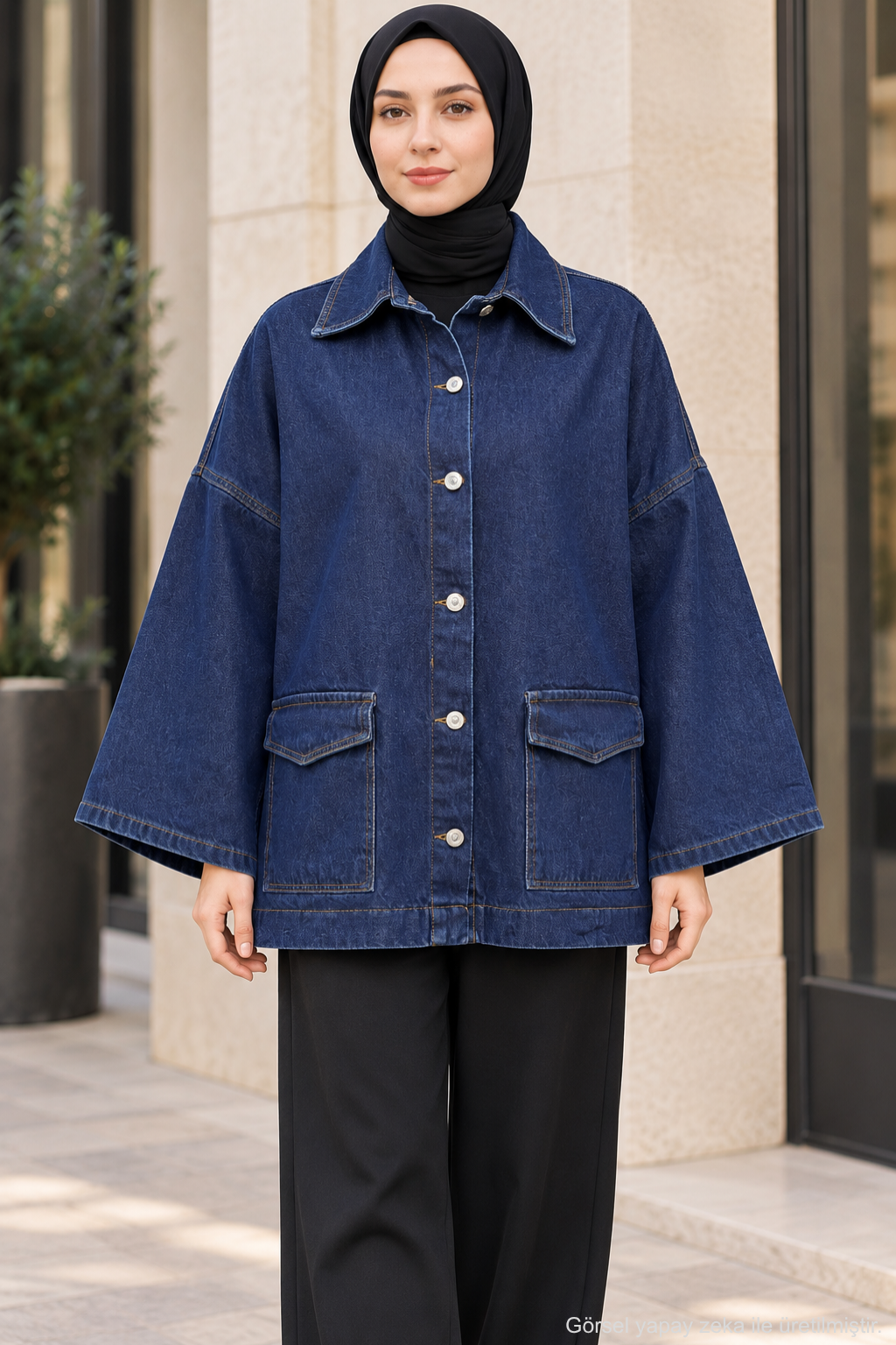 Oversize Cep Detaylı Tesettür Denim Ceket