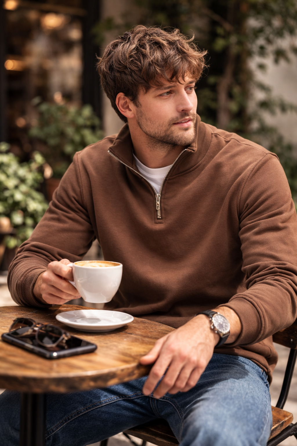Unisex Yarım Fermuarlı Dik Yaka Regular Fit Basic Kahve Sweatshirt