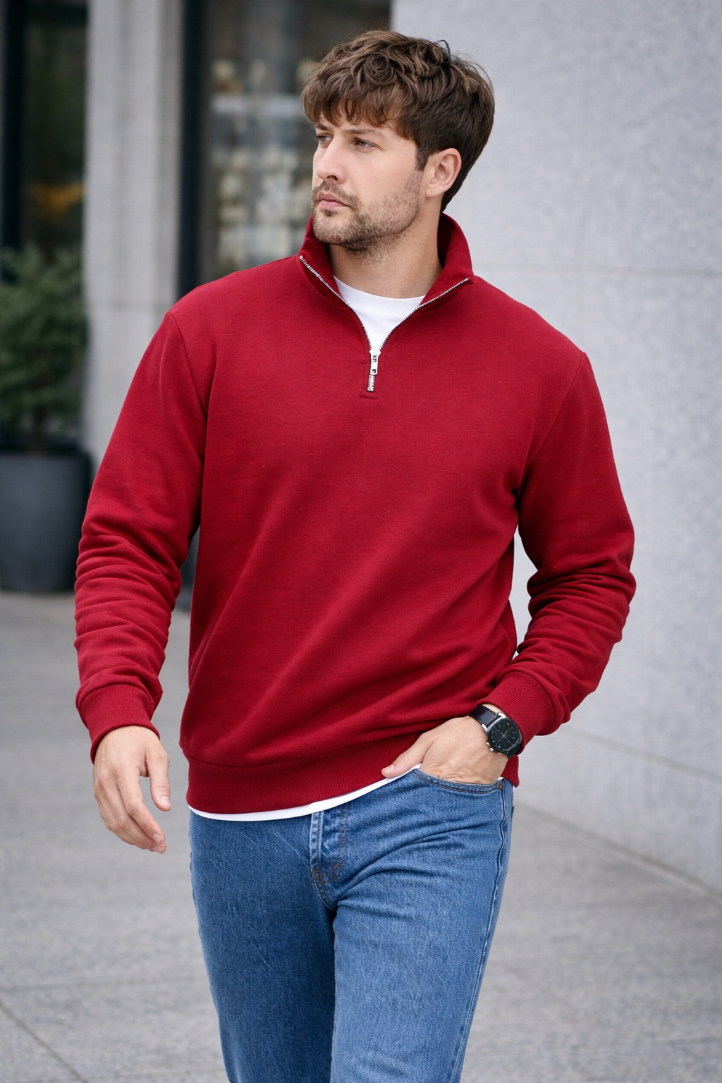Unisex Yarım Fermuarlı Dik Yaka Regular Fit Basic Kırmızı Sweatshirt