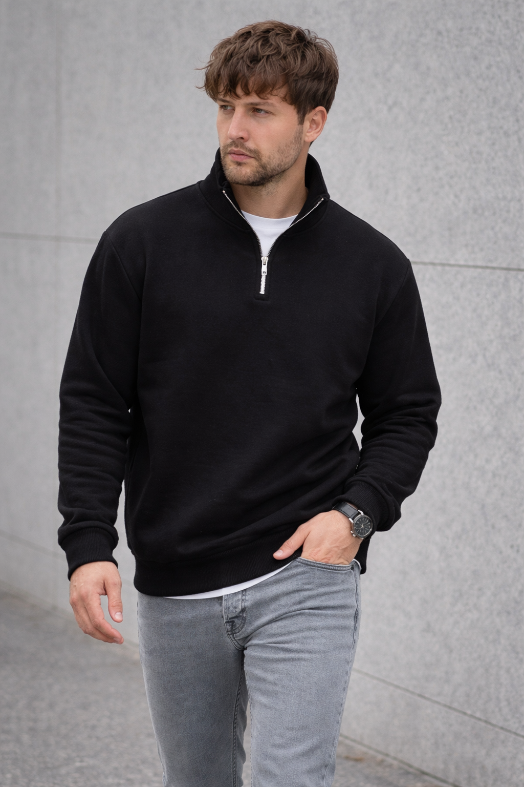 Unisex Yarım Fermuarlı Dik Yaka Regular Fit Basic Siyah Sweatshirt