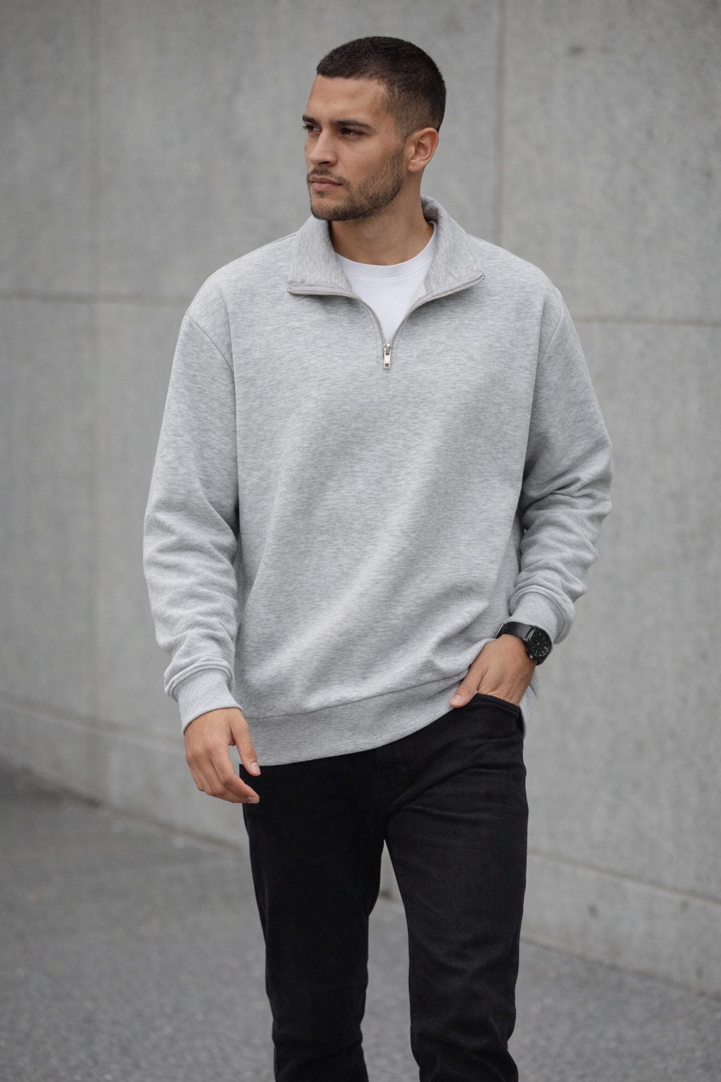 Unisex Yarım Fermuarlı Dik Yaka Regular Fit Basic Gri Sweatshirt