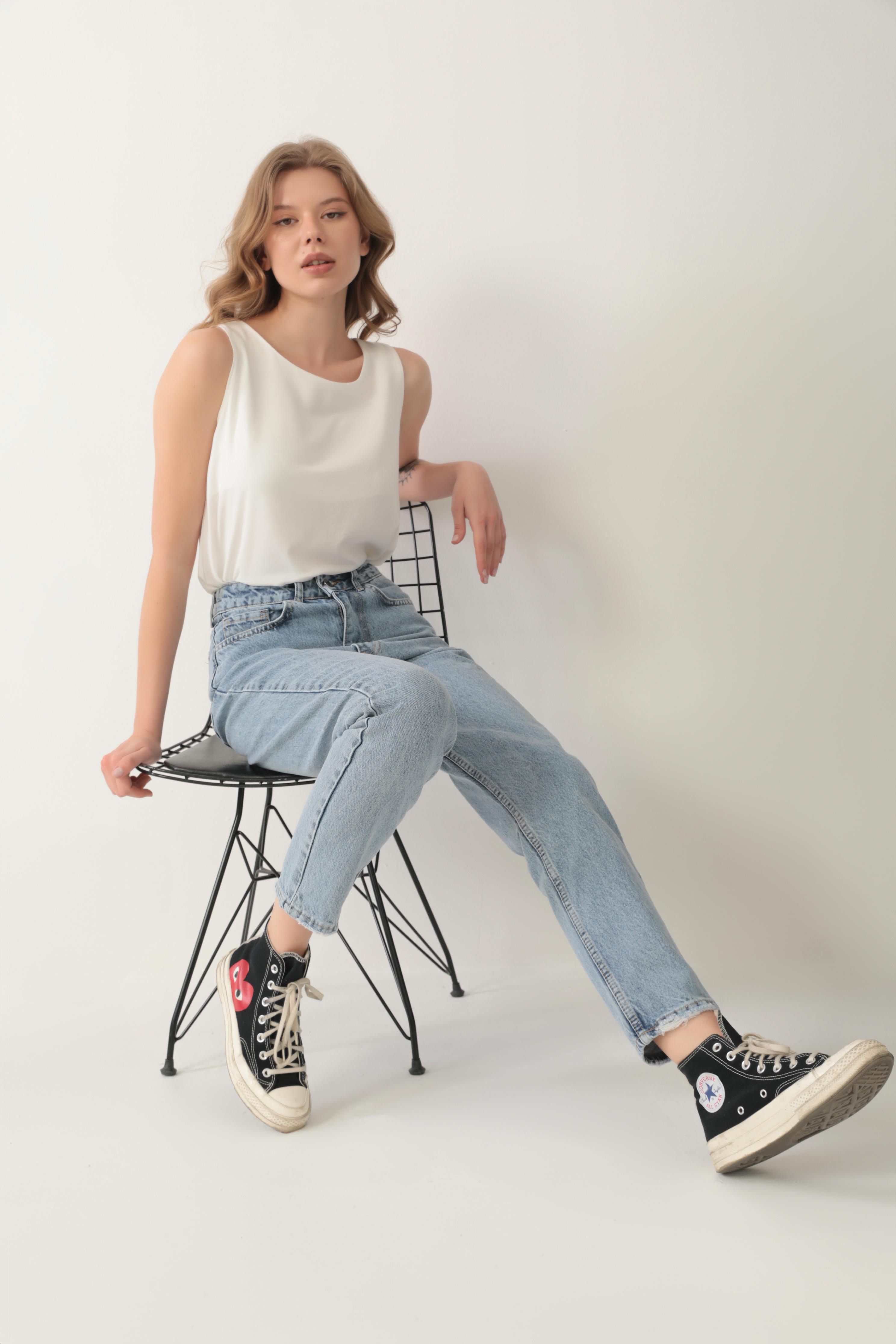 Yüksek Bel Mom Jean %100 pamuk Denim Pantolon Mavi