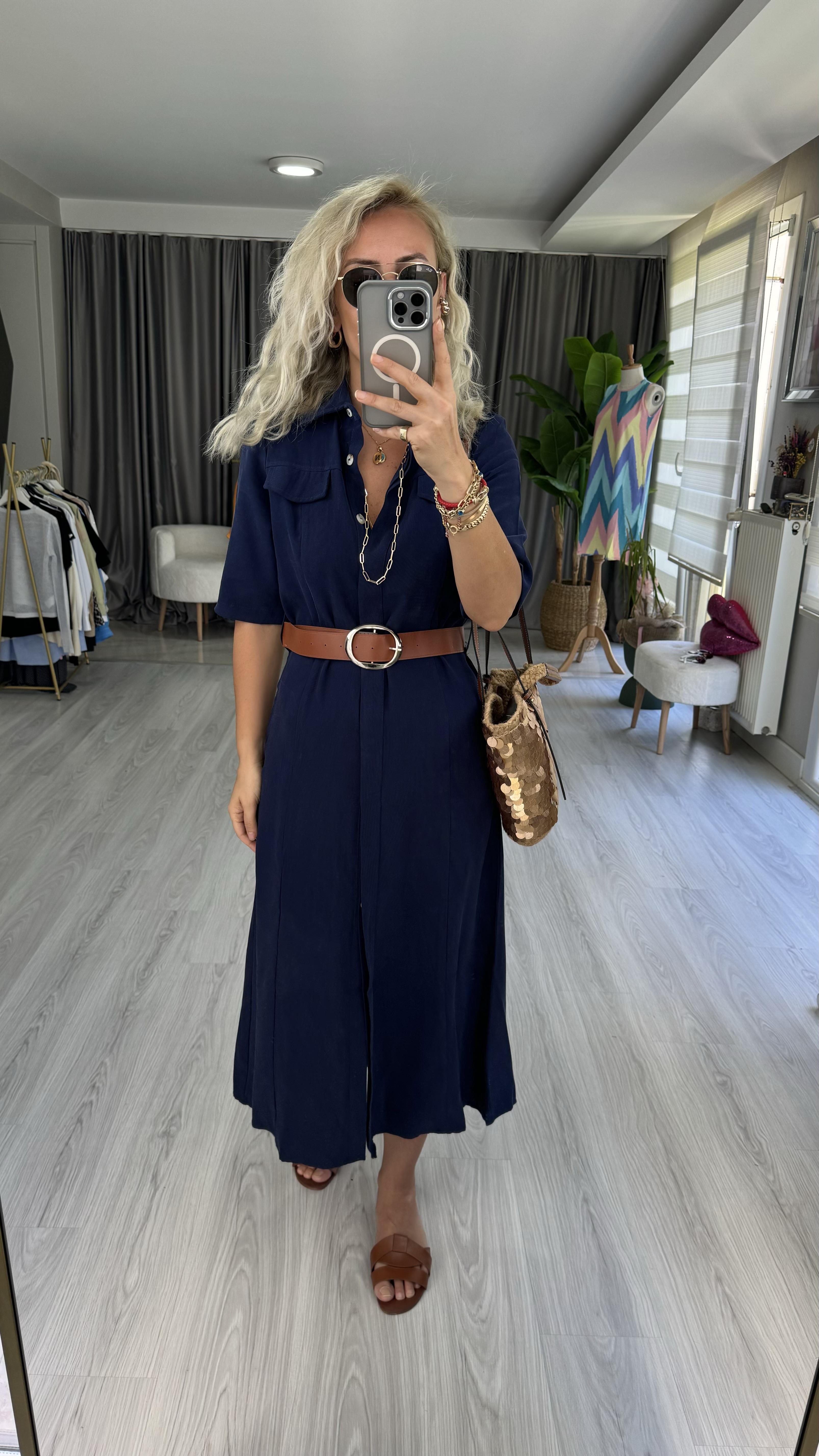  TENCEL MODAL KUMAŞ KEMERLİ LACİVERT GÖMLEK ELBİSE