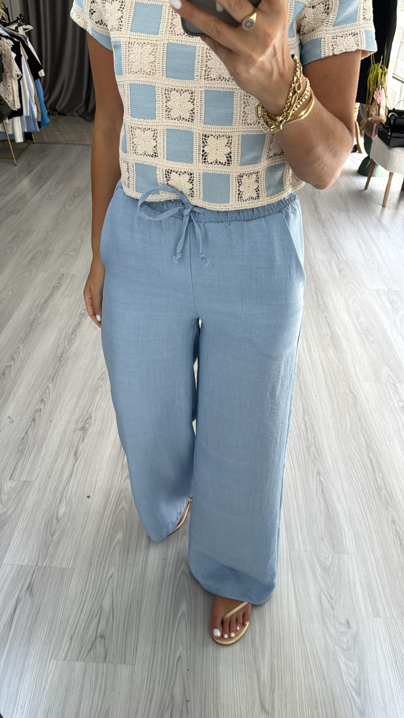 %100 KETEN BELİ LASTİKLİ AÇIK MAVİ PANTOLON