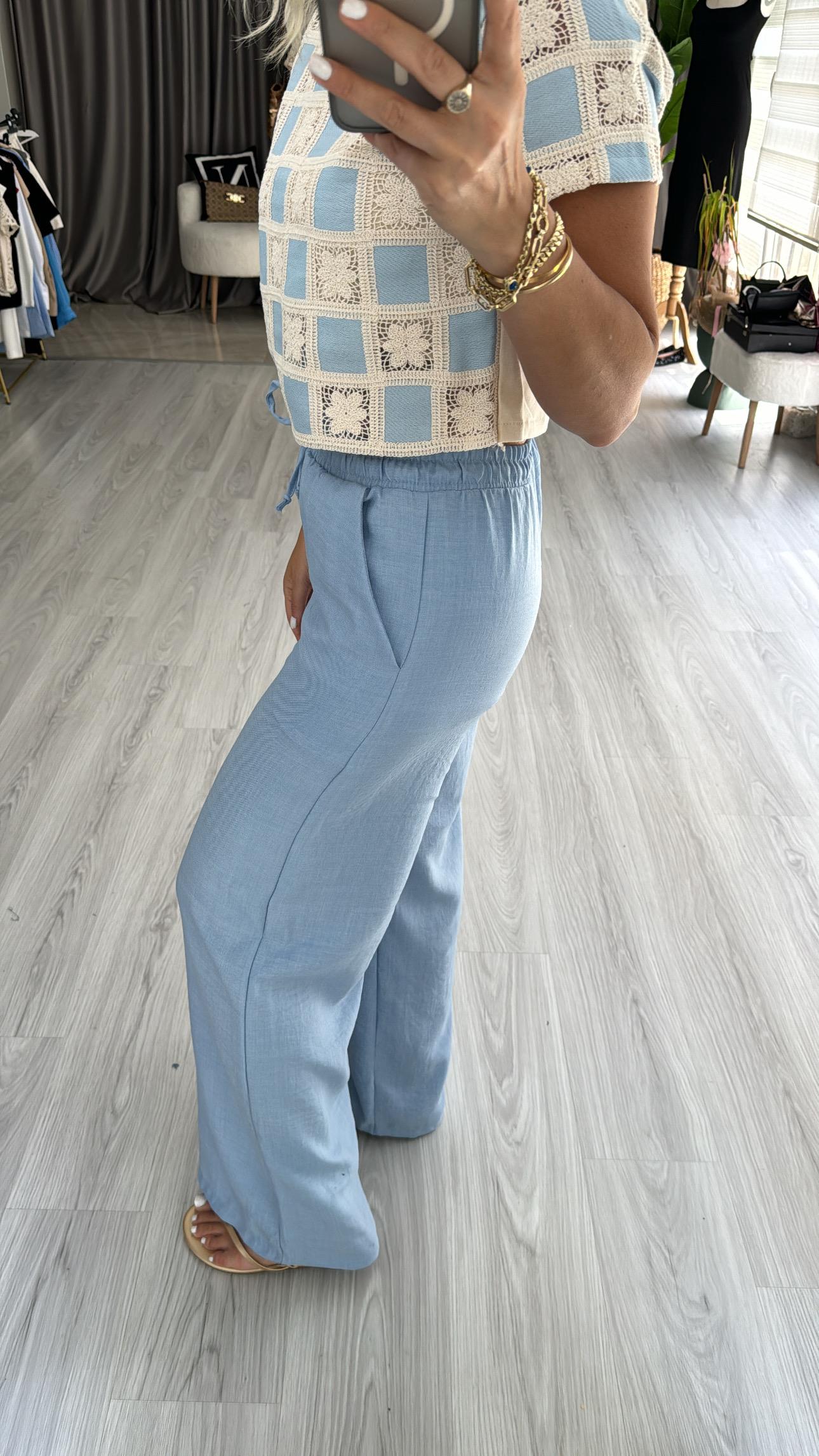 %100 KETEN BELİ LASTİKLİ AÇIK MAVİ PANTOLON