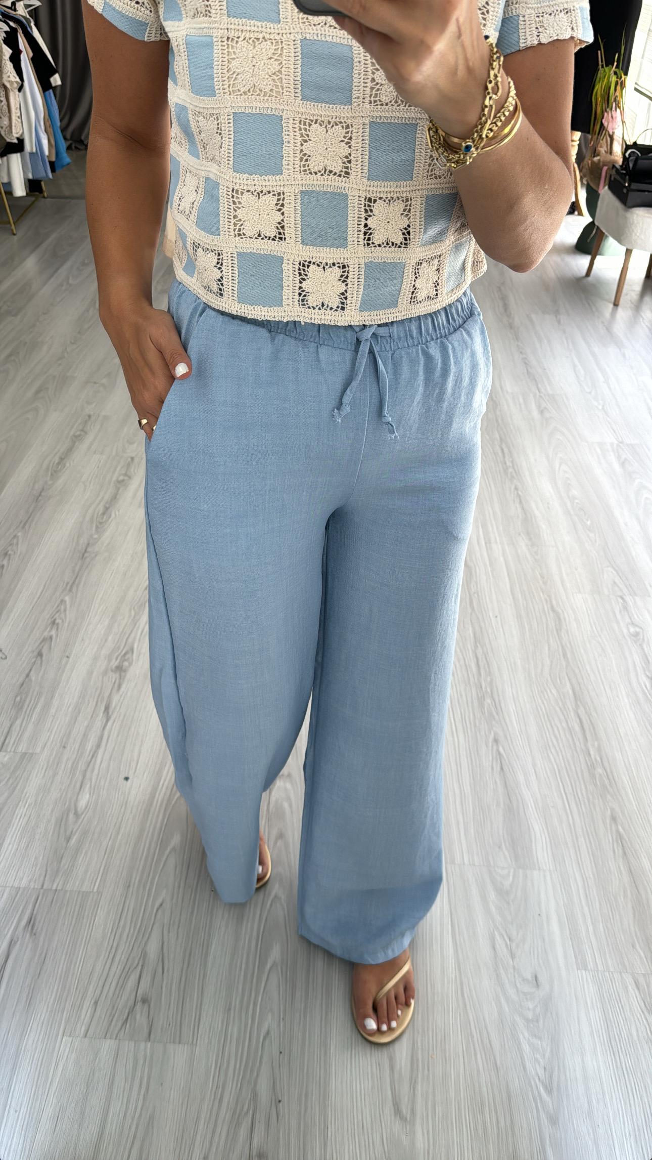 %100 KETEN BELİ LASTİKLİ AÇIK MAVİ PANTOLON