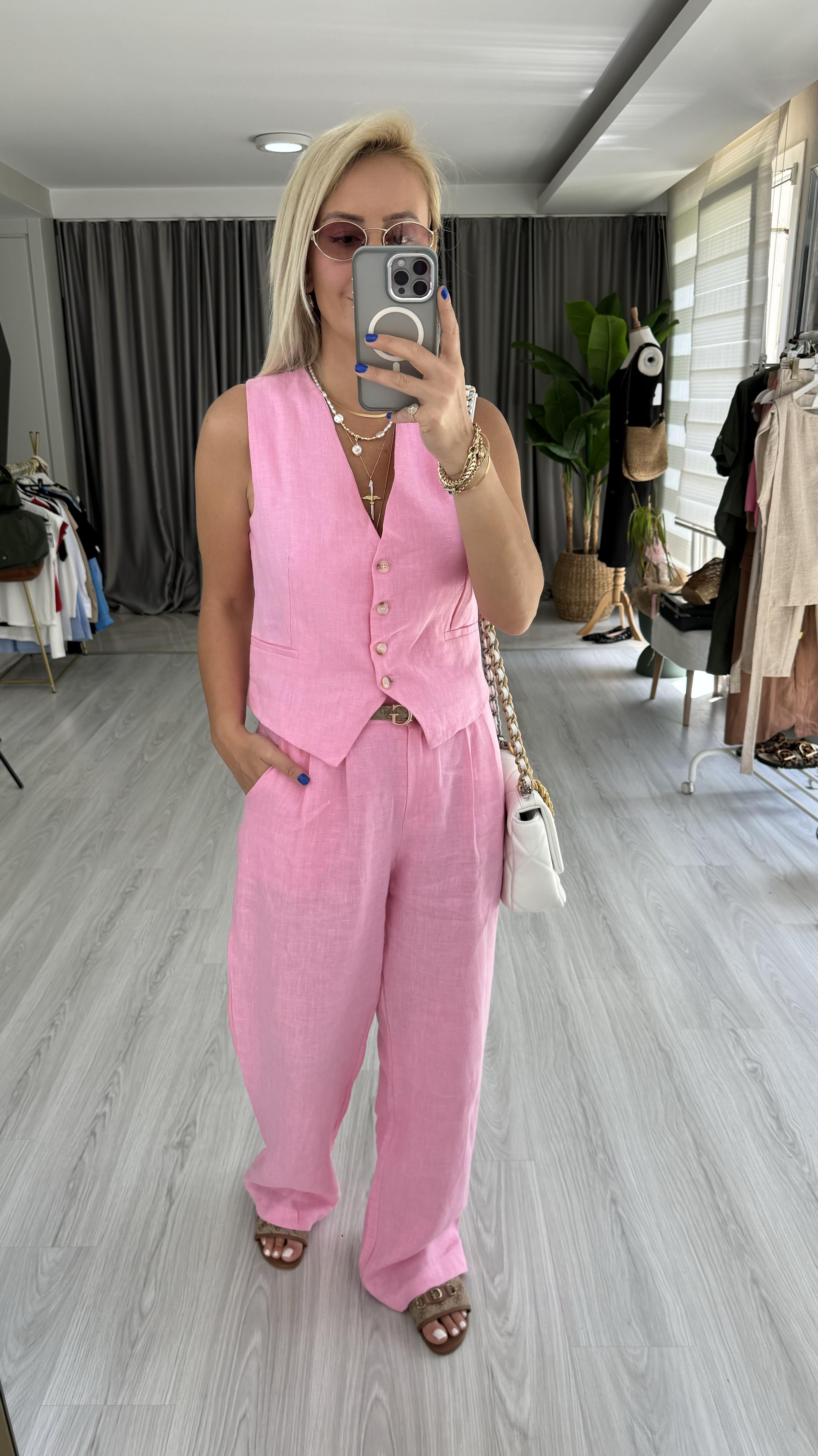 %100 KETEN YELEKLİ PEMBE TAKIM