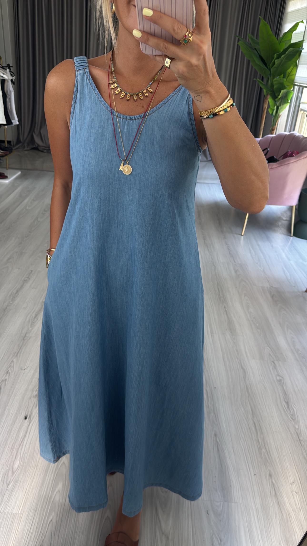 %100 Pamuk Büzgü Askılı Denim Tencel Elbise