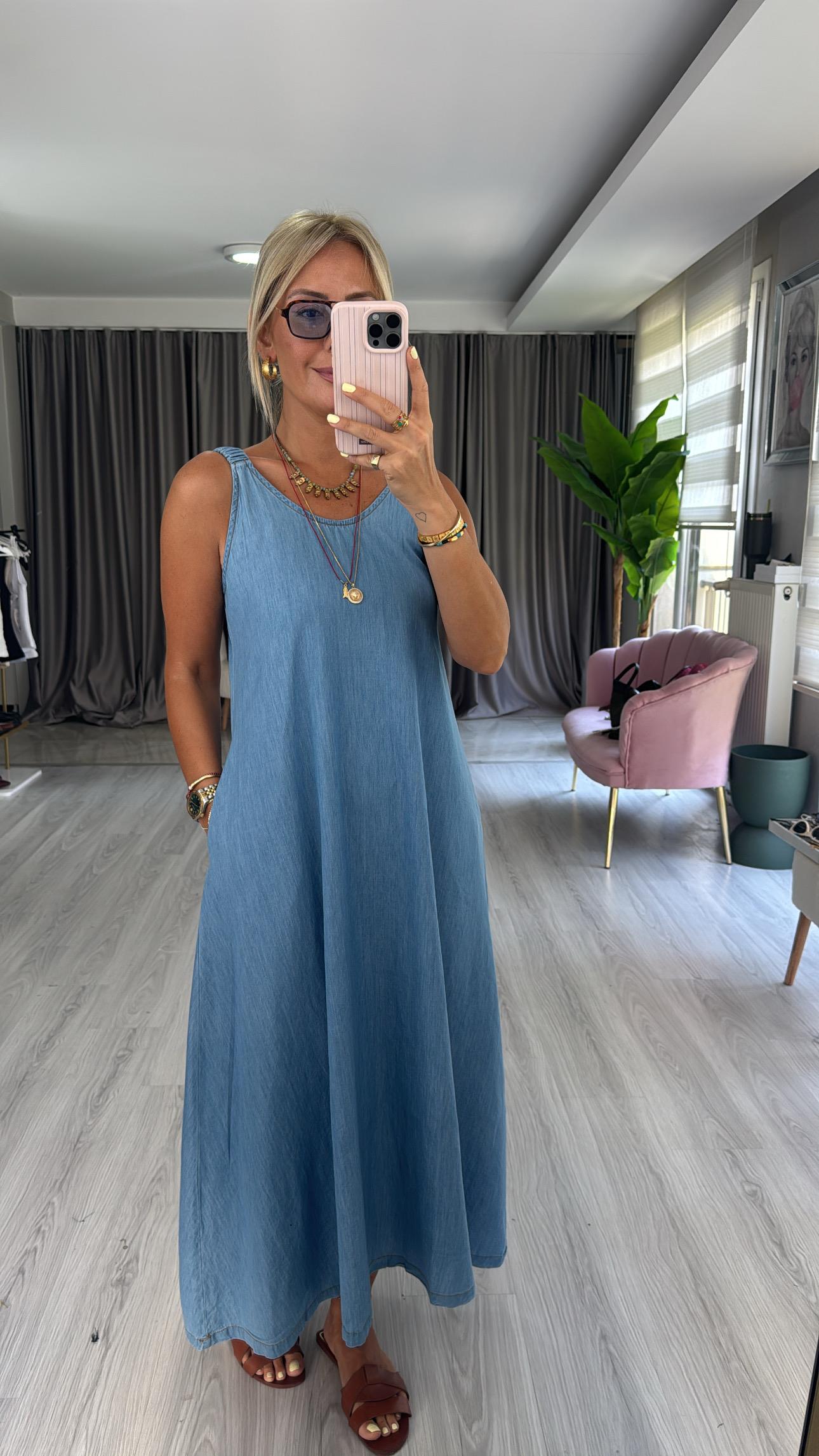 %100 Pamuk Büzgü Askılı Denim Tencel Elbise