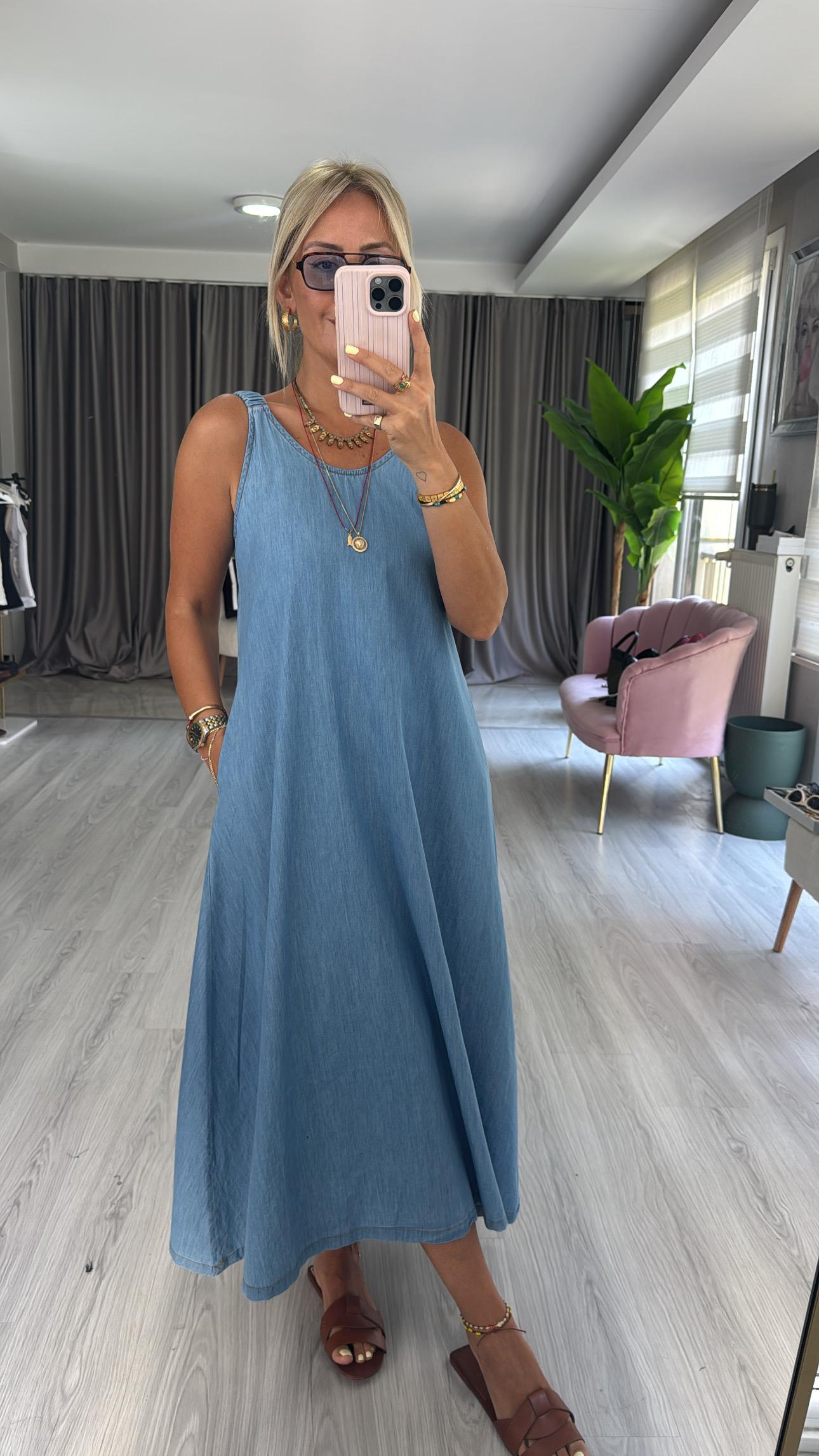 %100 Pamuk Büzgü Askılı Denim Tencel Elbise