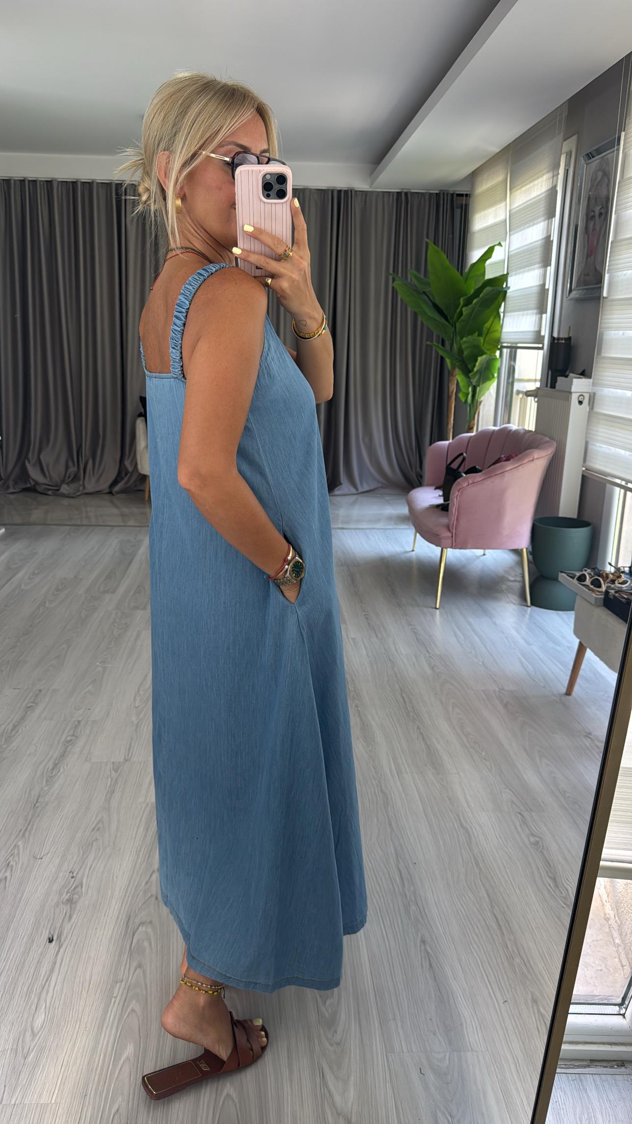 %100 Pamuk Büzgü Askılı Denim Tencel Elbise