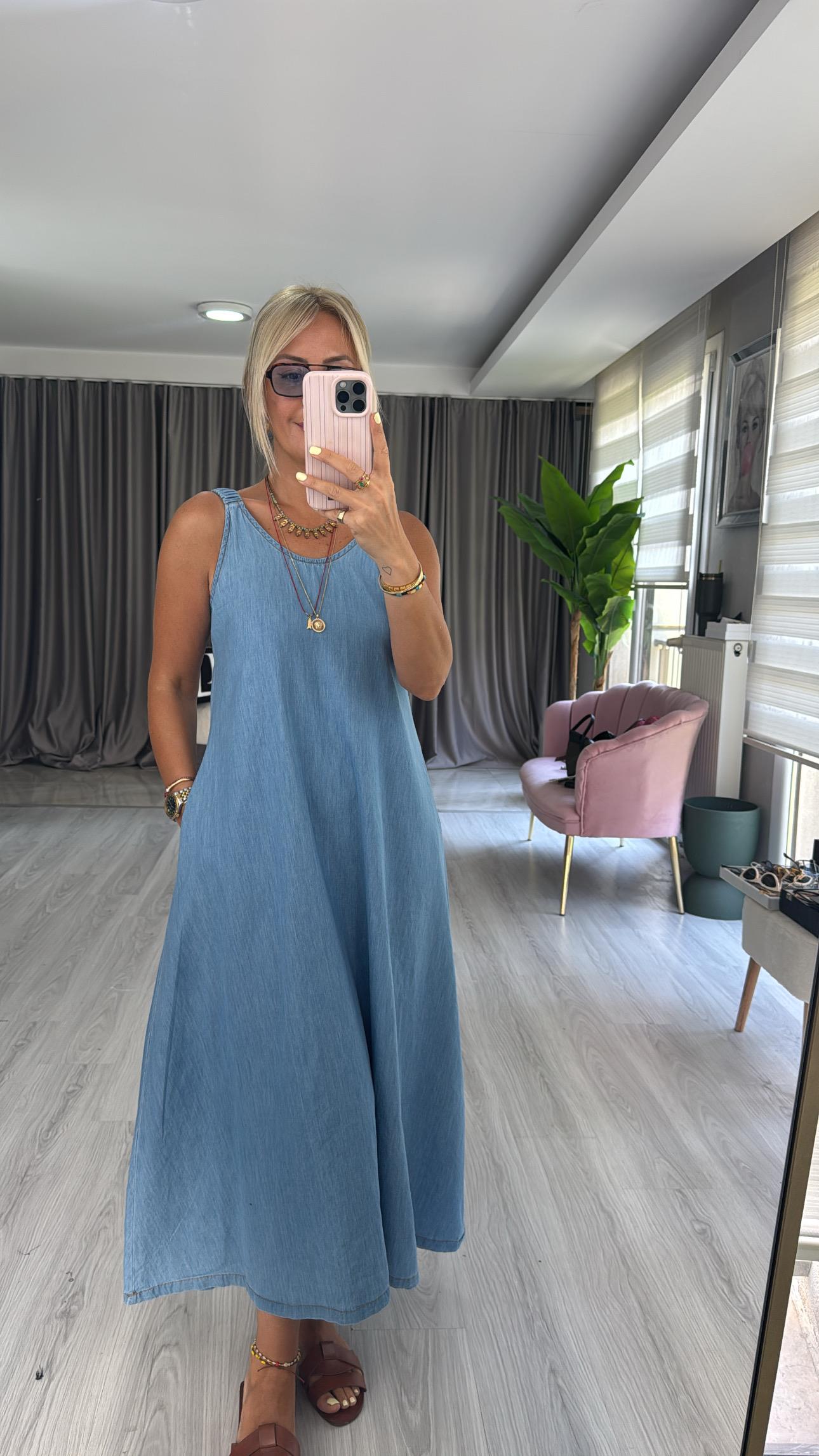 %100 Pamuk Büzgü Askılı Denim Tencel Elbise