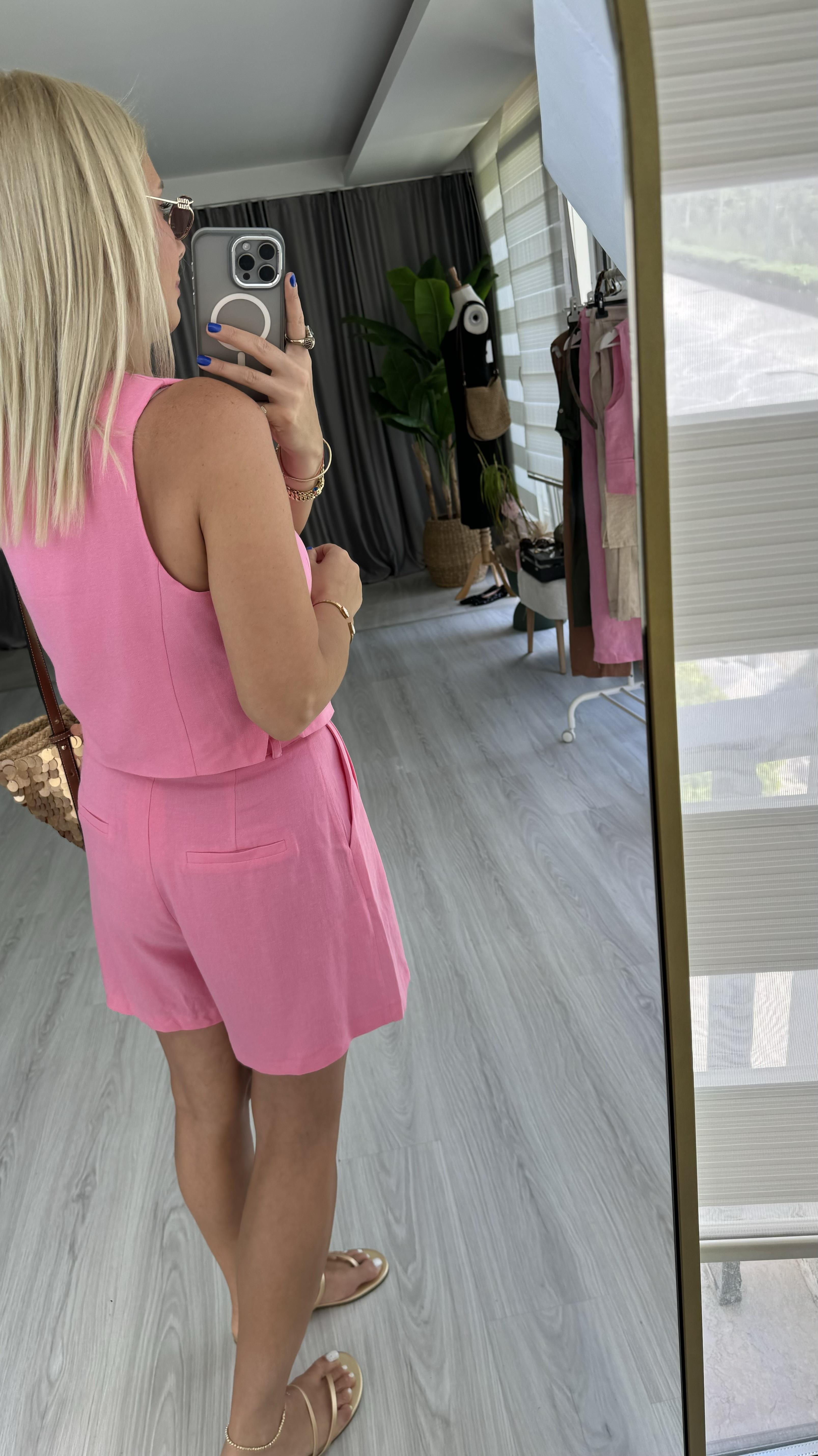 %100 PAMUK KETEN PEMBE ŞORT YELEK TAKIM
