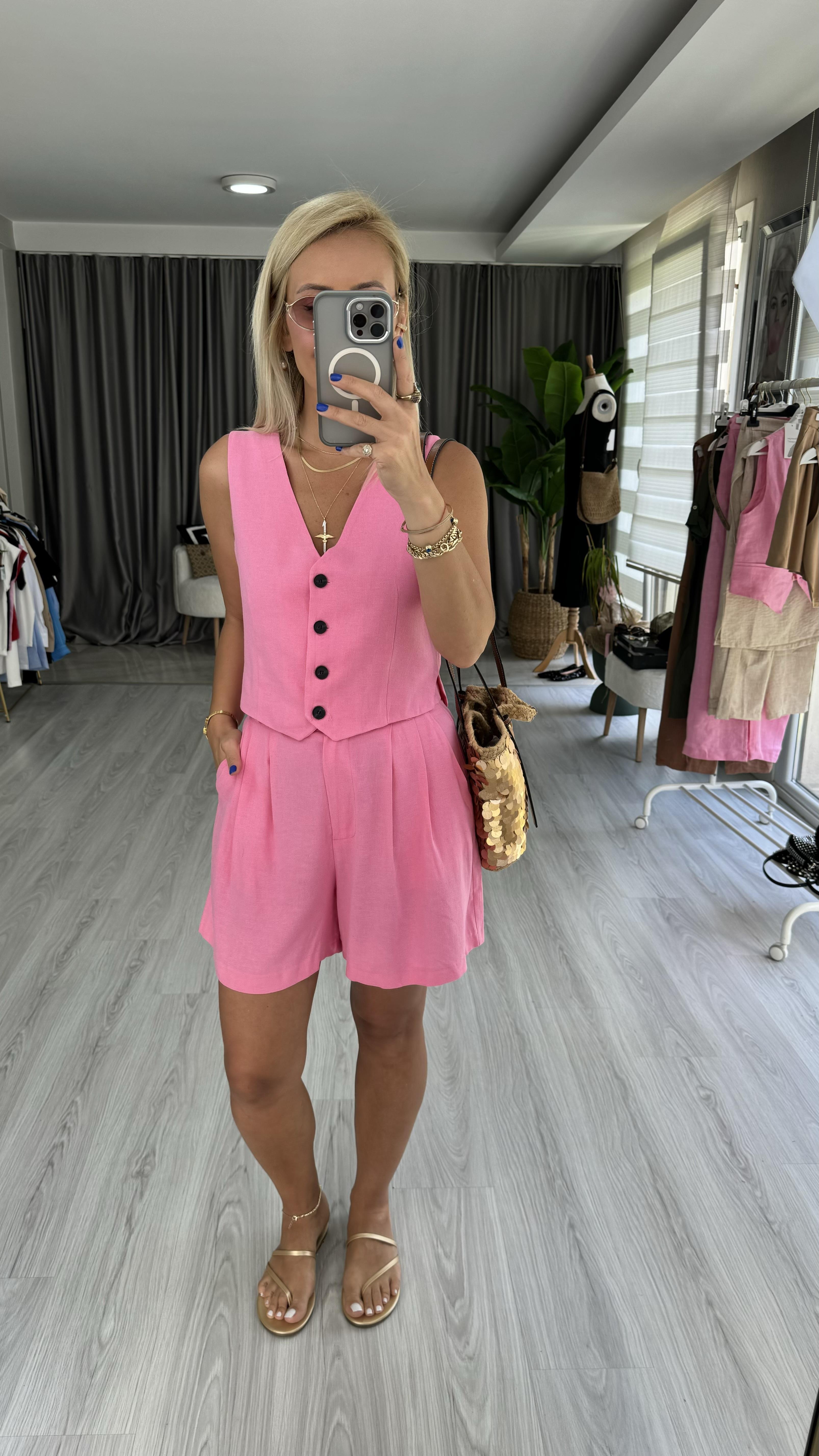 %100 PAMUK KETEN PEMBE ŞORT YELEK TAKIM