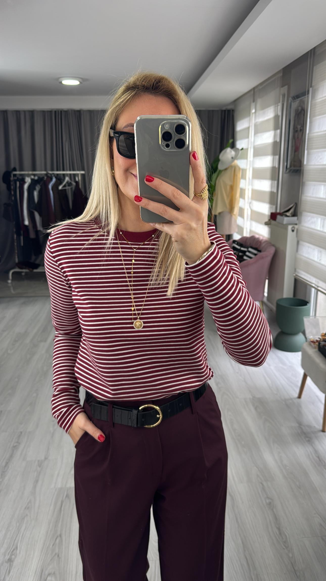 %100 Pamuklu Ekru Çizgili Bordo T-shirt