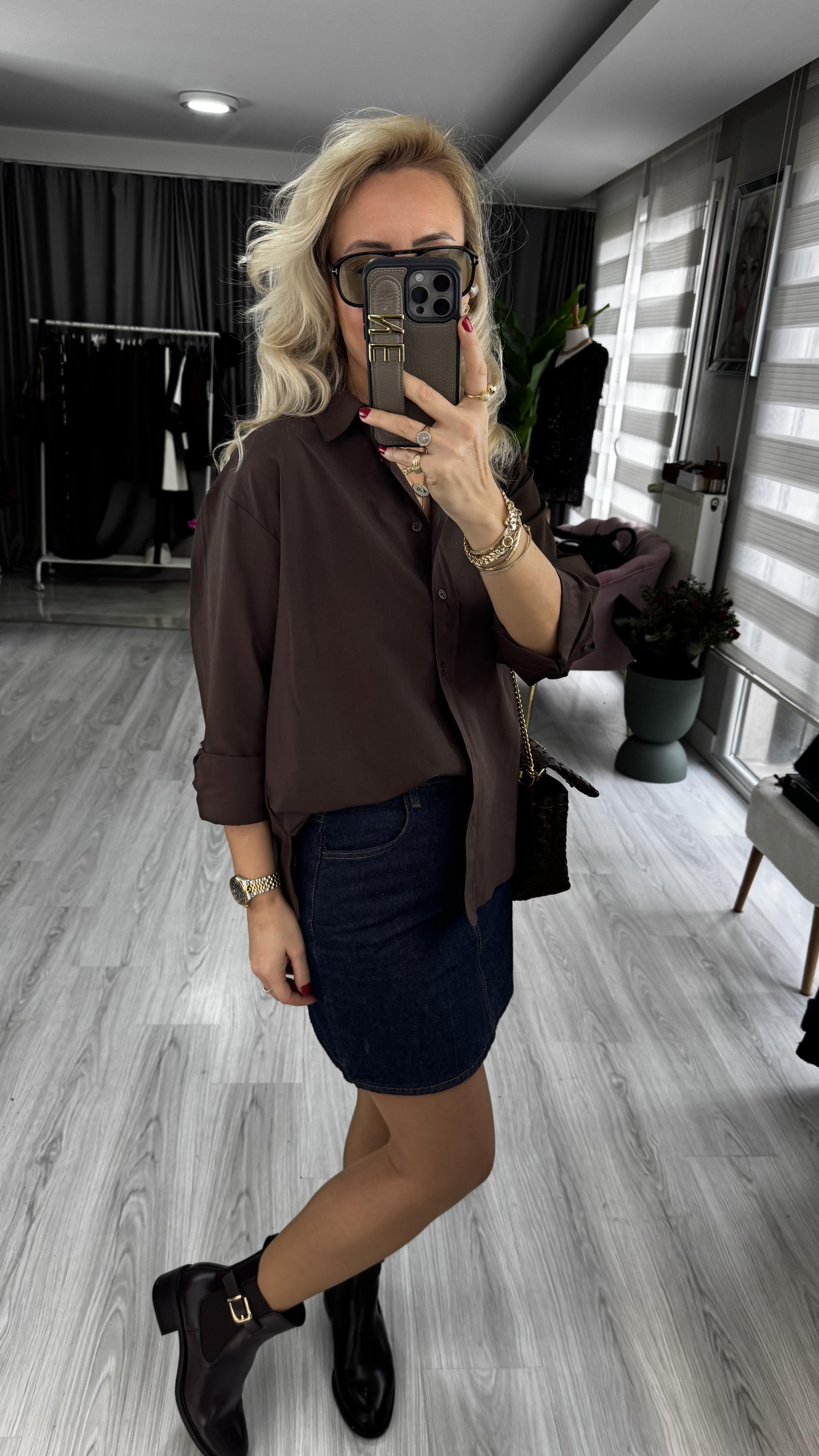 %100 Pamuklu Kahverengi Poplin Gömlek