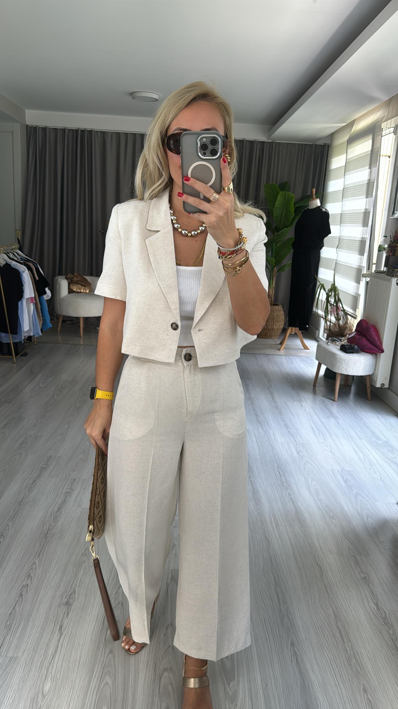 %100 PAMUKLU, KISA KOL CEKETLİ NATUREL EKRU TAKIM