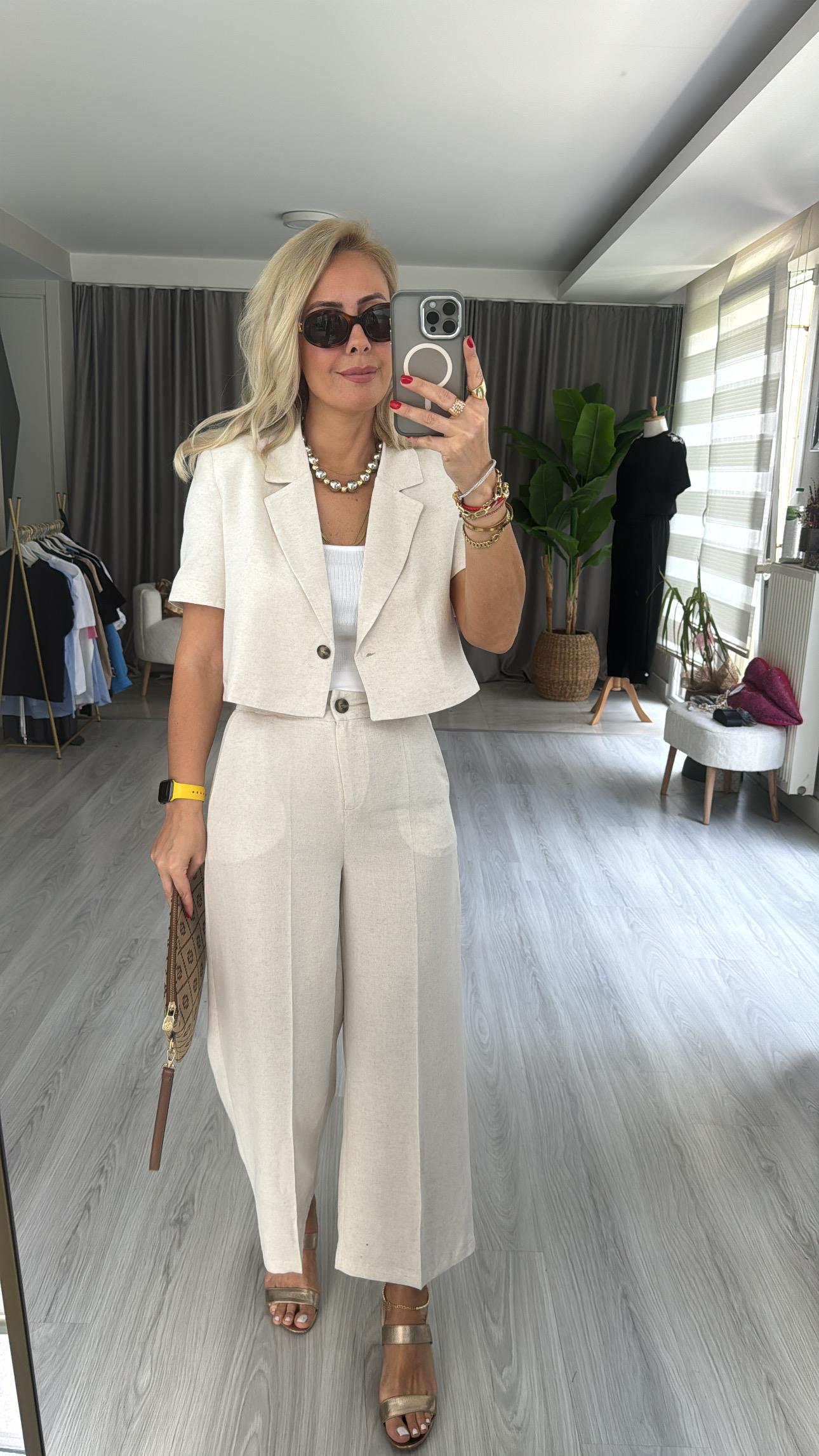 %100 PAMUKLU, KISA KOL CEKETLİ NATUREL EKRU TAKIM