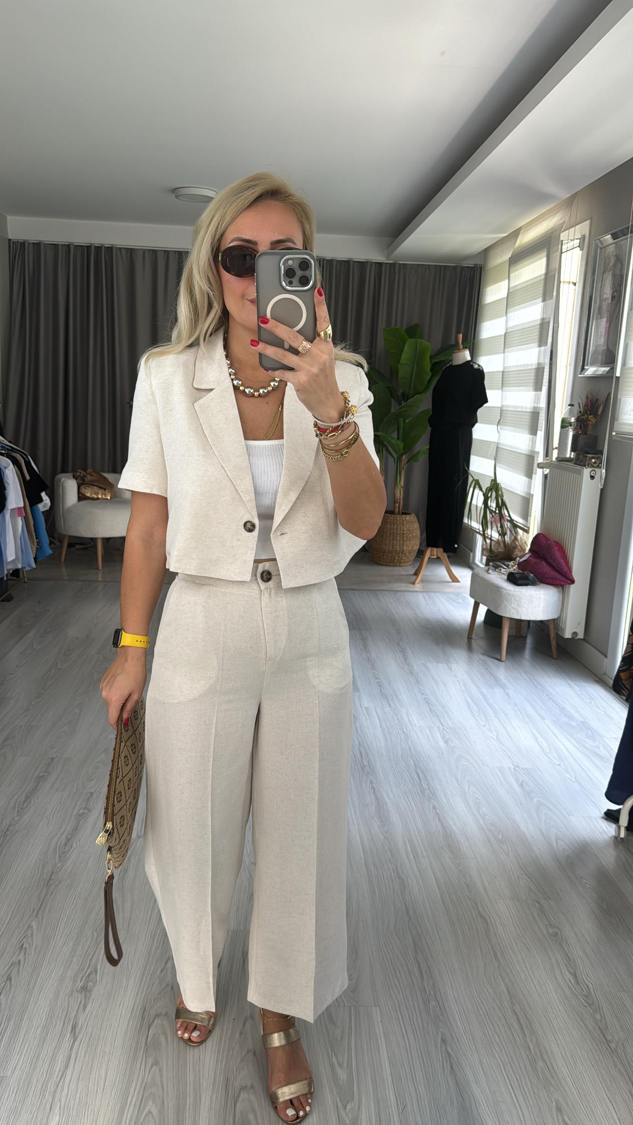 %100 PAMUKLU, KISA KOL CEKETLİ NATUREL EKRU TAKIM