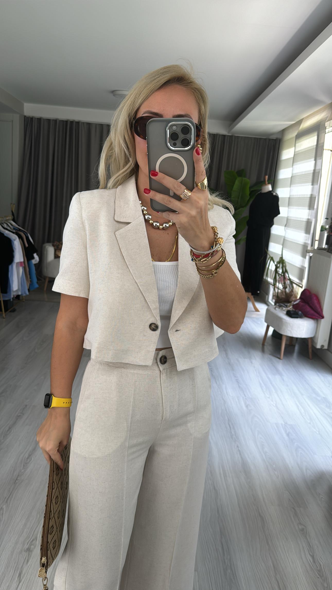 %100 PAMUKLU, KISA KOL CEKETLİ NATUREL EKRU TAKIM