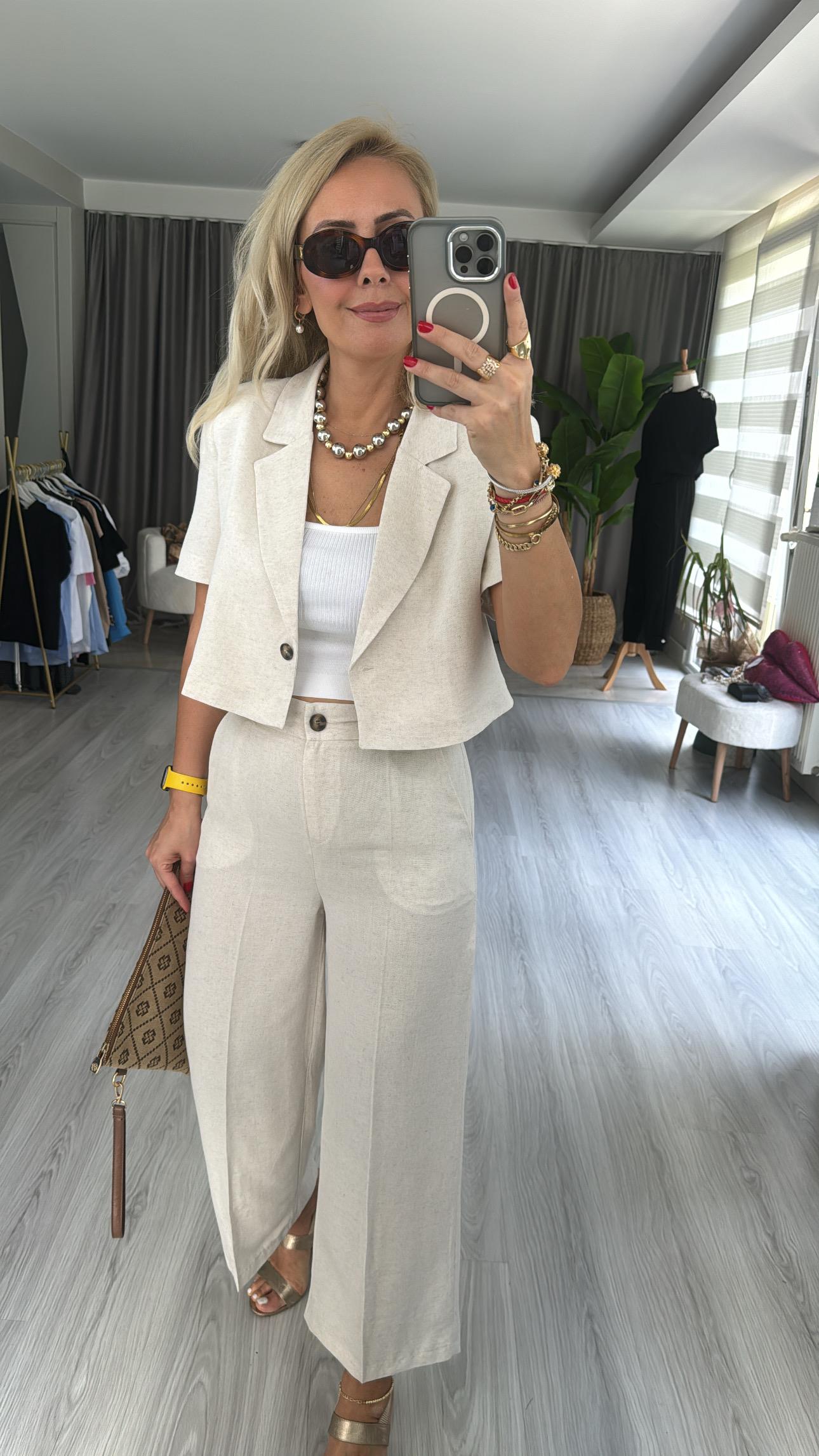 %100 PAMUKLU, KISA KOL CEKETLİ NATUREL EKRU TAKIM