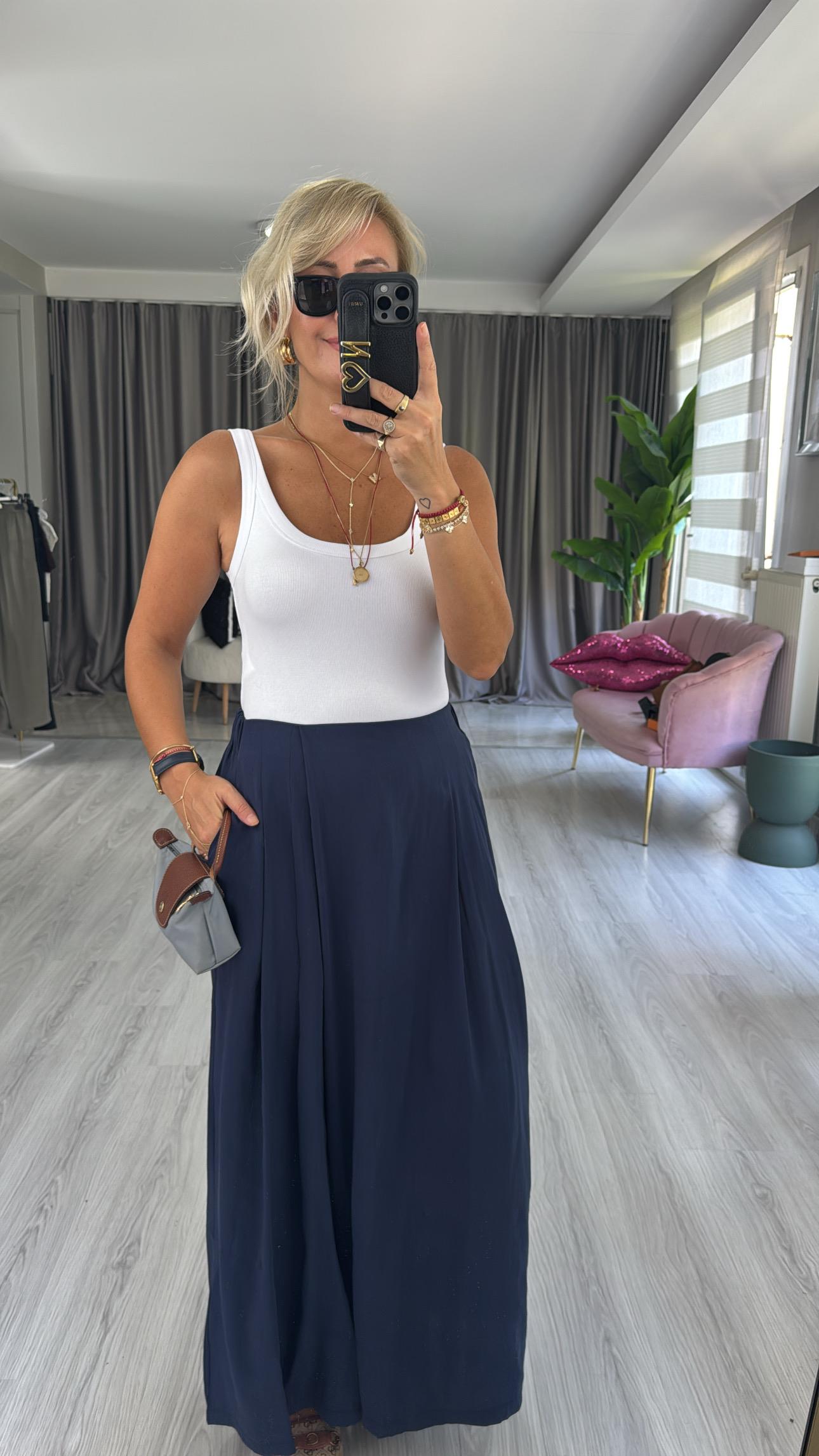 Arka Beli Lastikli Lacivert Tencel Tiril Pantolon