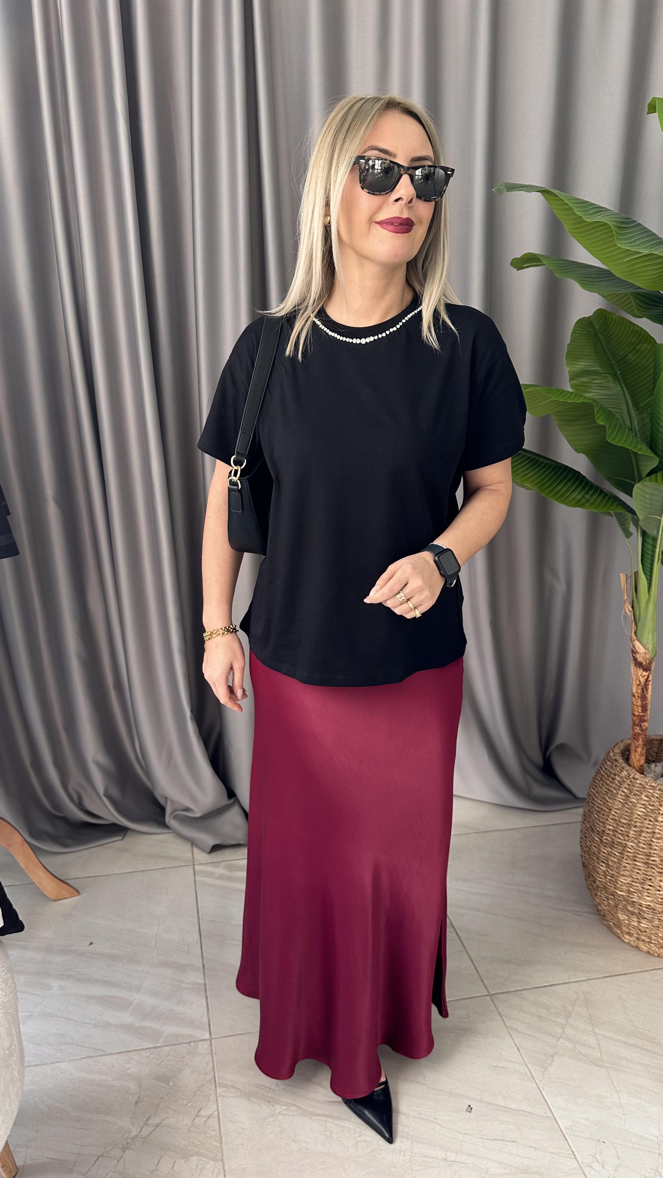 BELİ LASTİKLİ BORDO SATEN UZUN ETEK