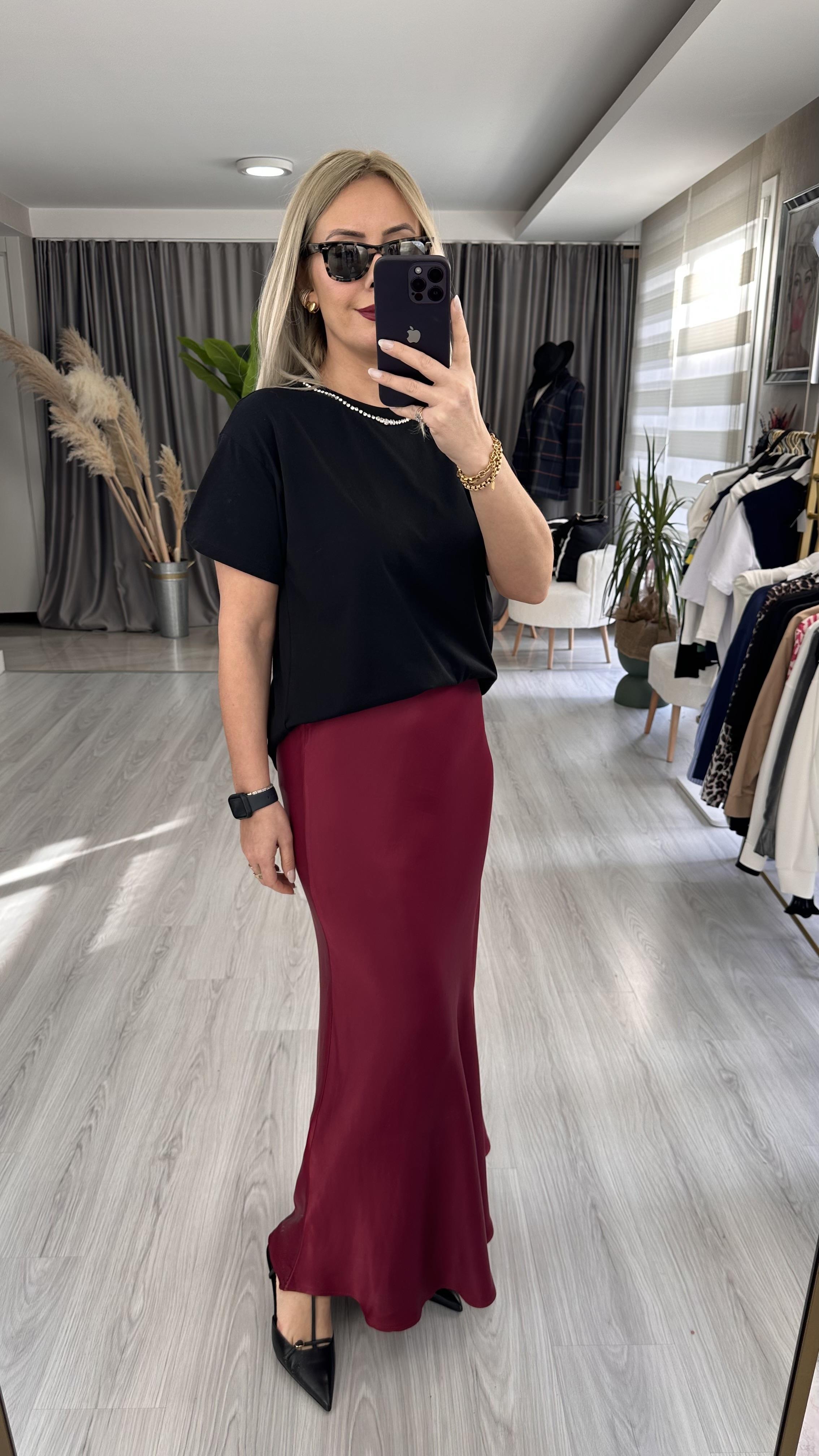 BELİ LASTİKLİ BORDO SATEN UZUN ETEK