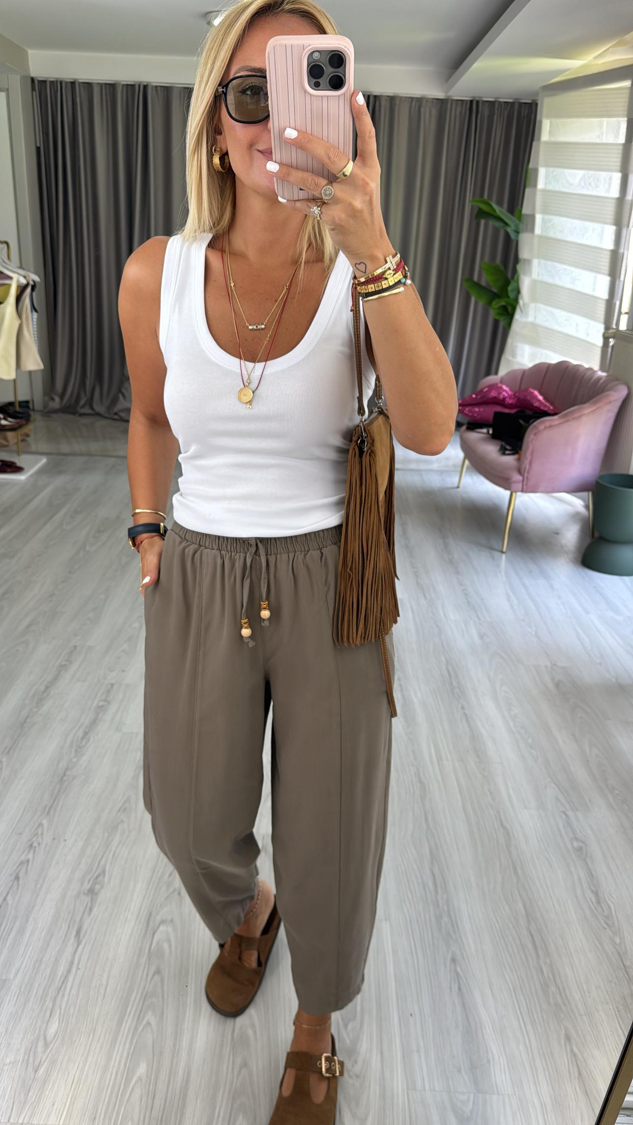 Beli Lastikli Haki Tencel Pantolon