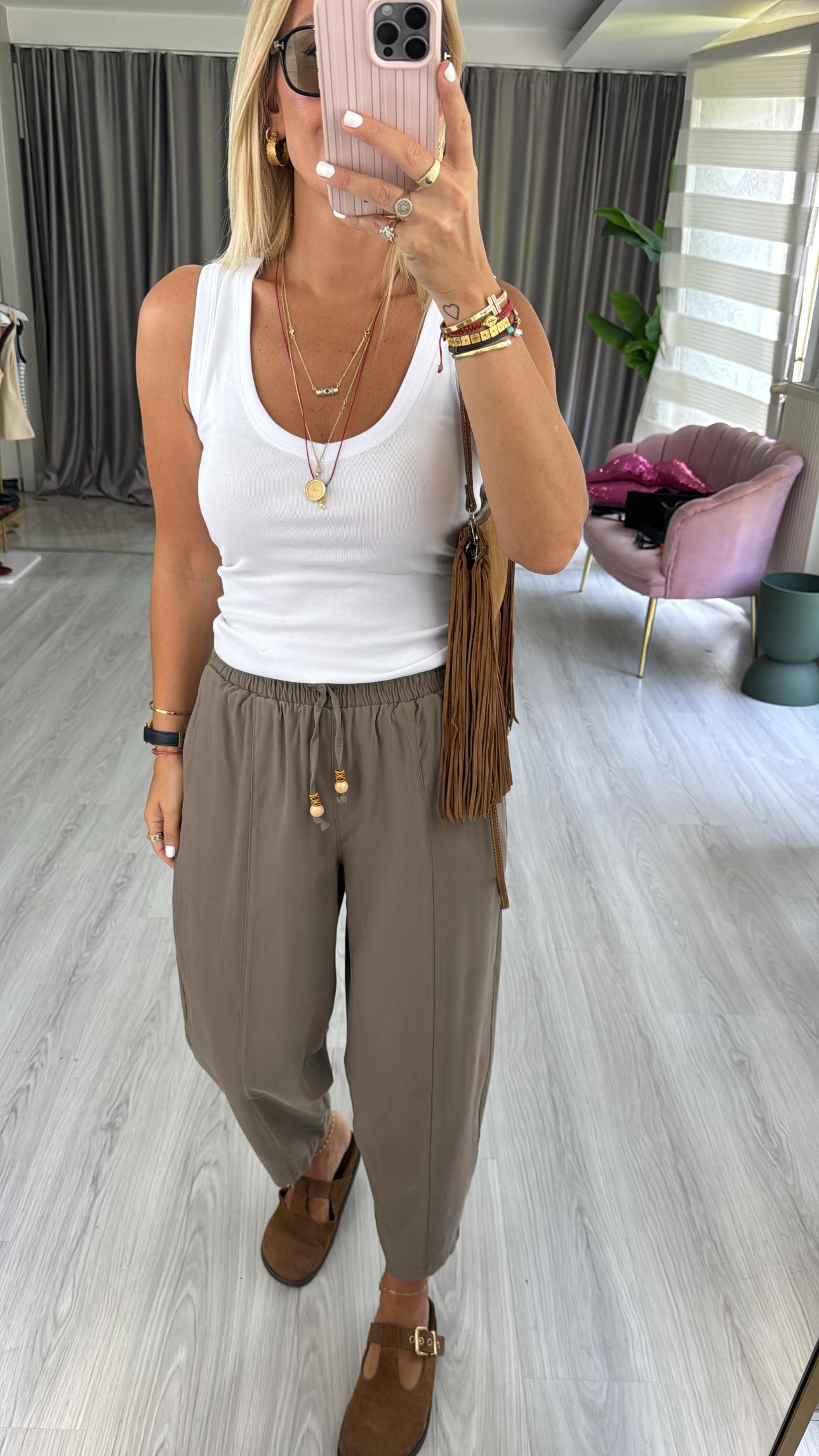 Beli Lastikli Haki Tencel Pantolon