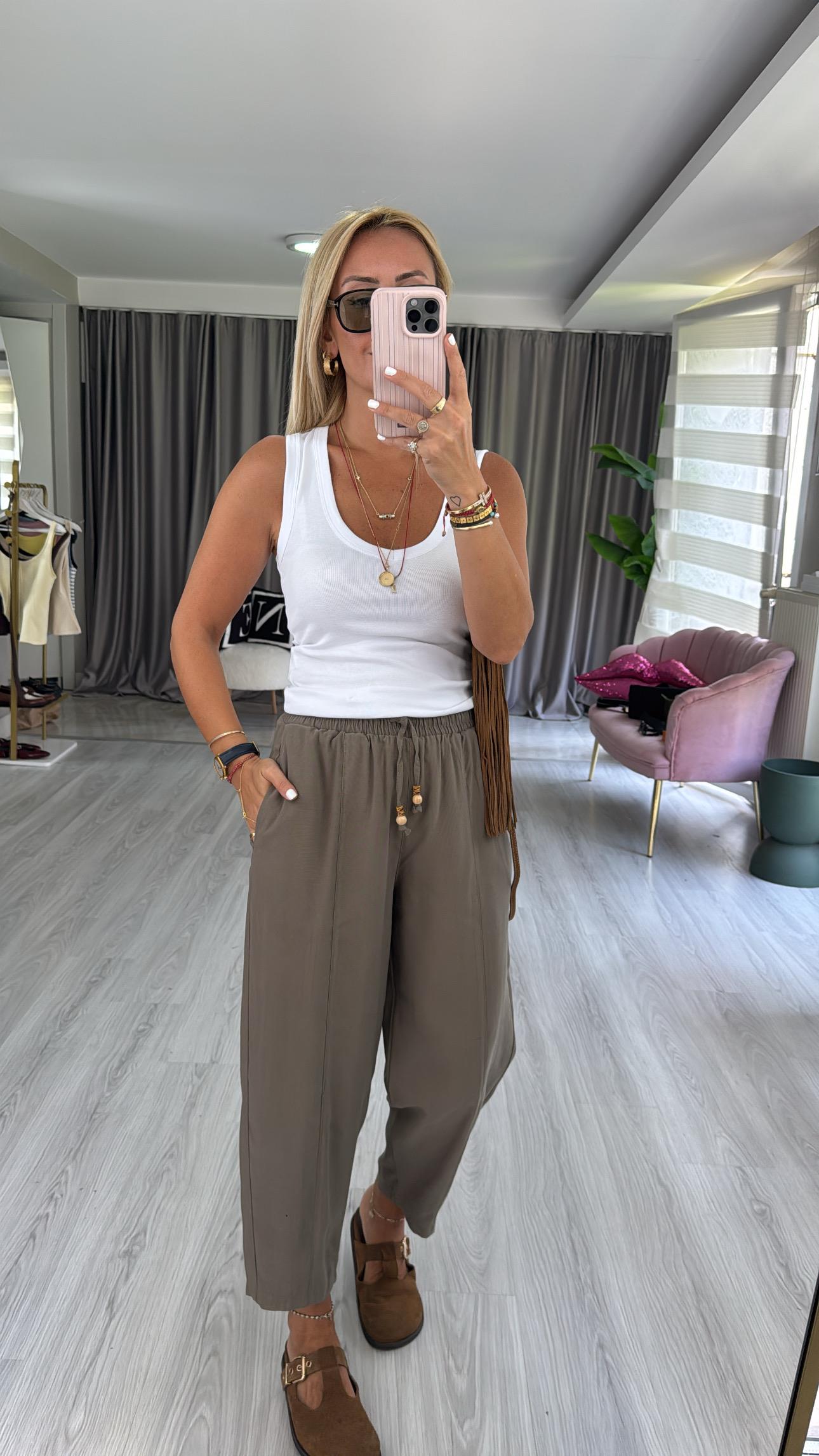 Beli Lastikli Haki Tencel Pantolon