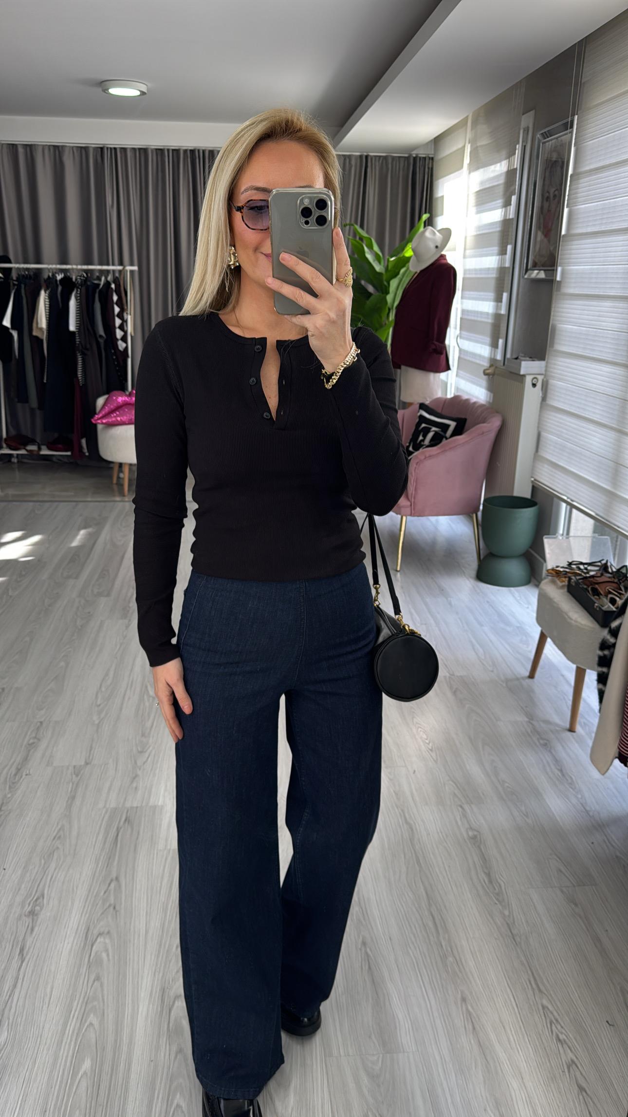 Beli Lastikli Likralı Lacivert Palazzo Jean