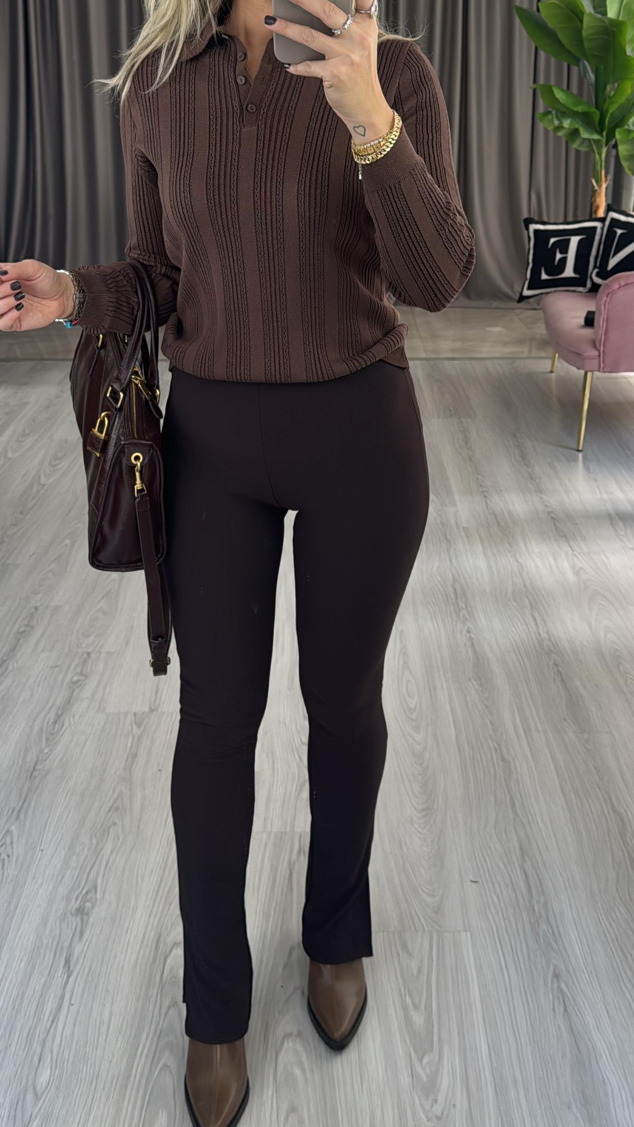 Beli Lastikli Paçası Yırtmaçlı Acı Kahve Tayt