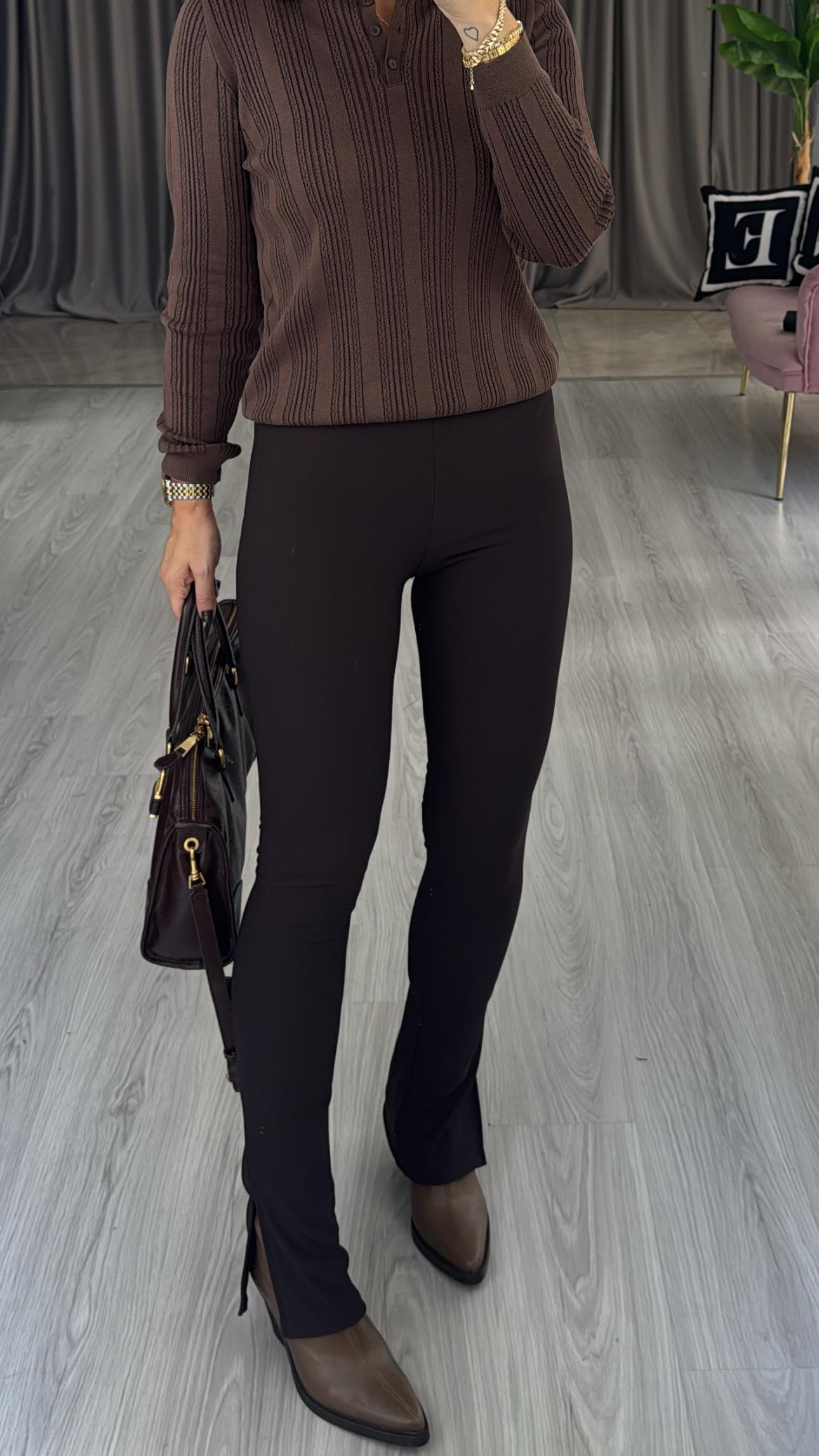 Beli Lastikli Paçası Yırtmaçlı Acı Kahve Tayt