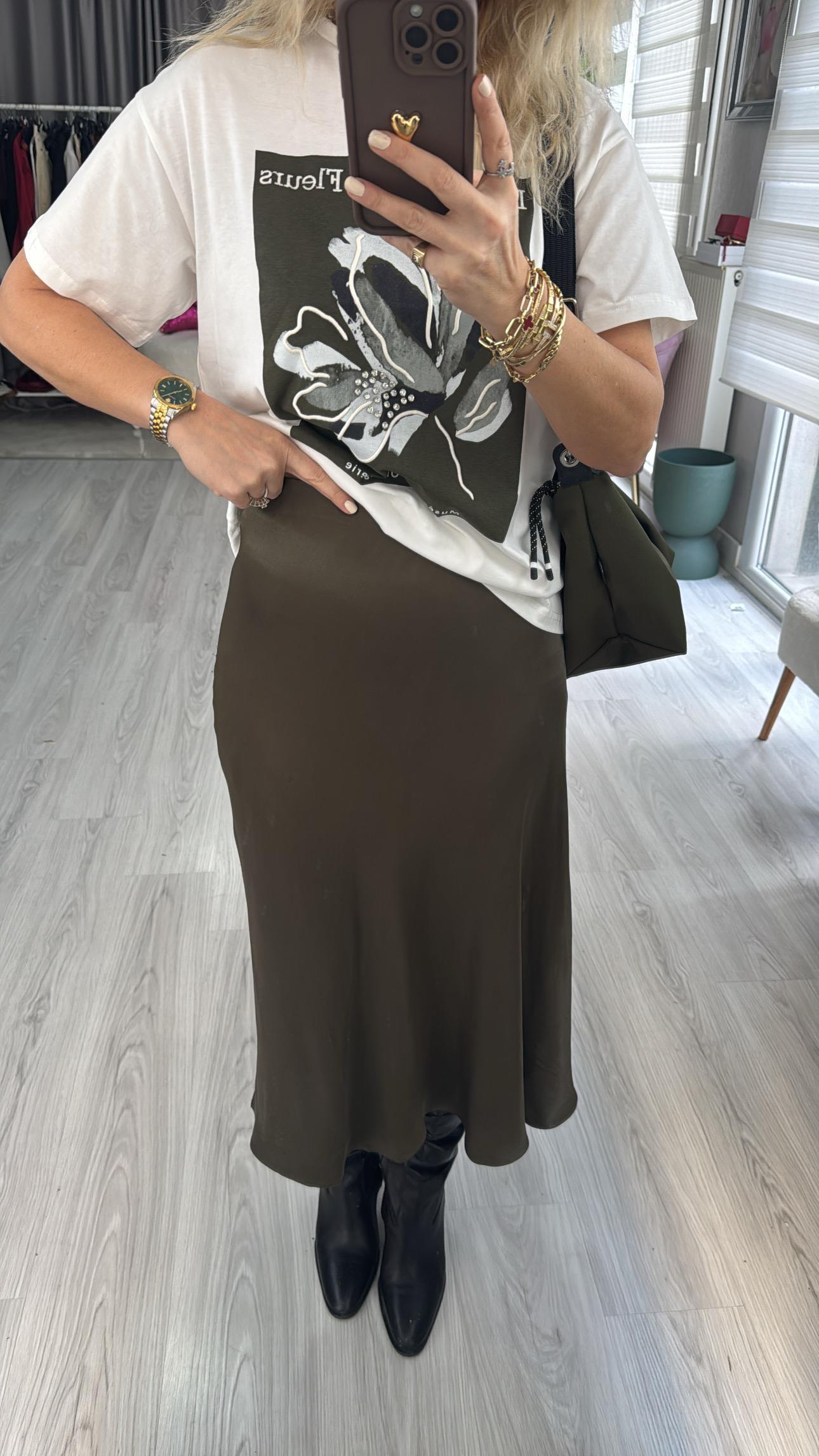 Beli Lastikli Midi Boy Haki Saten Etek