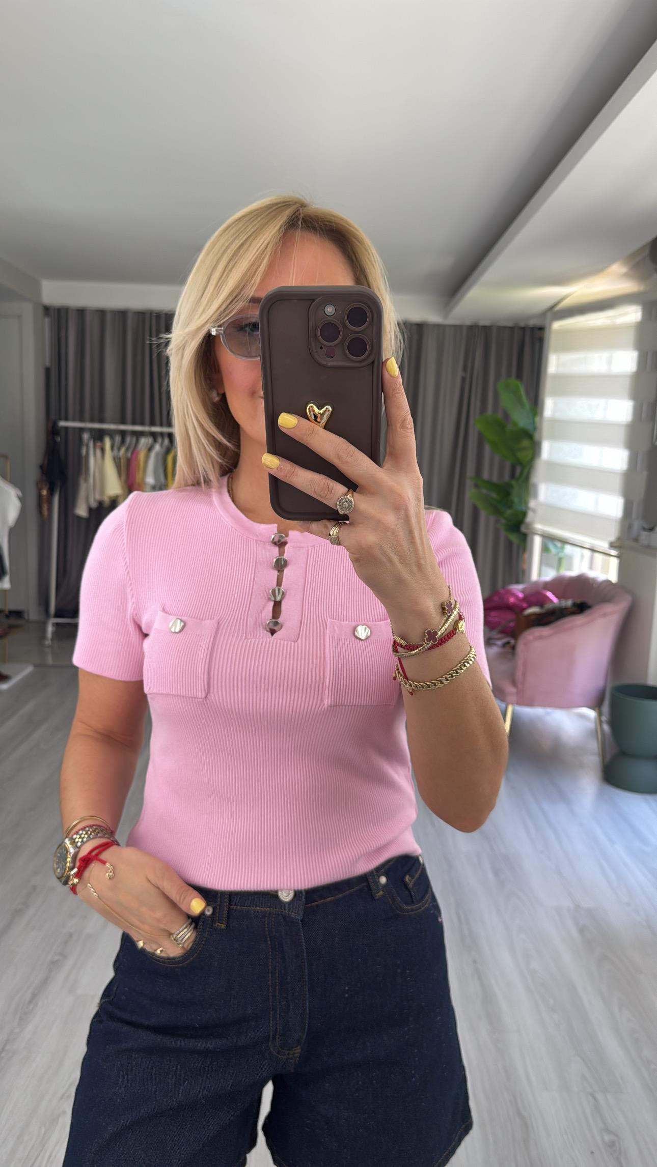 Bisiklet Yaka Düğme Detaylı Pembe Triko Bluz